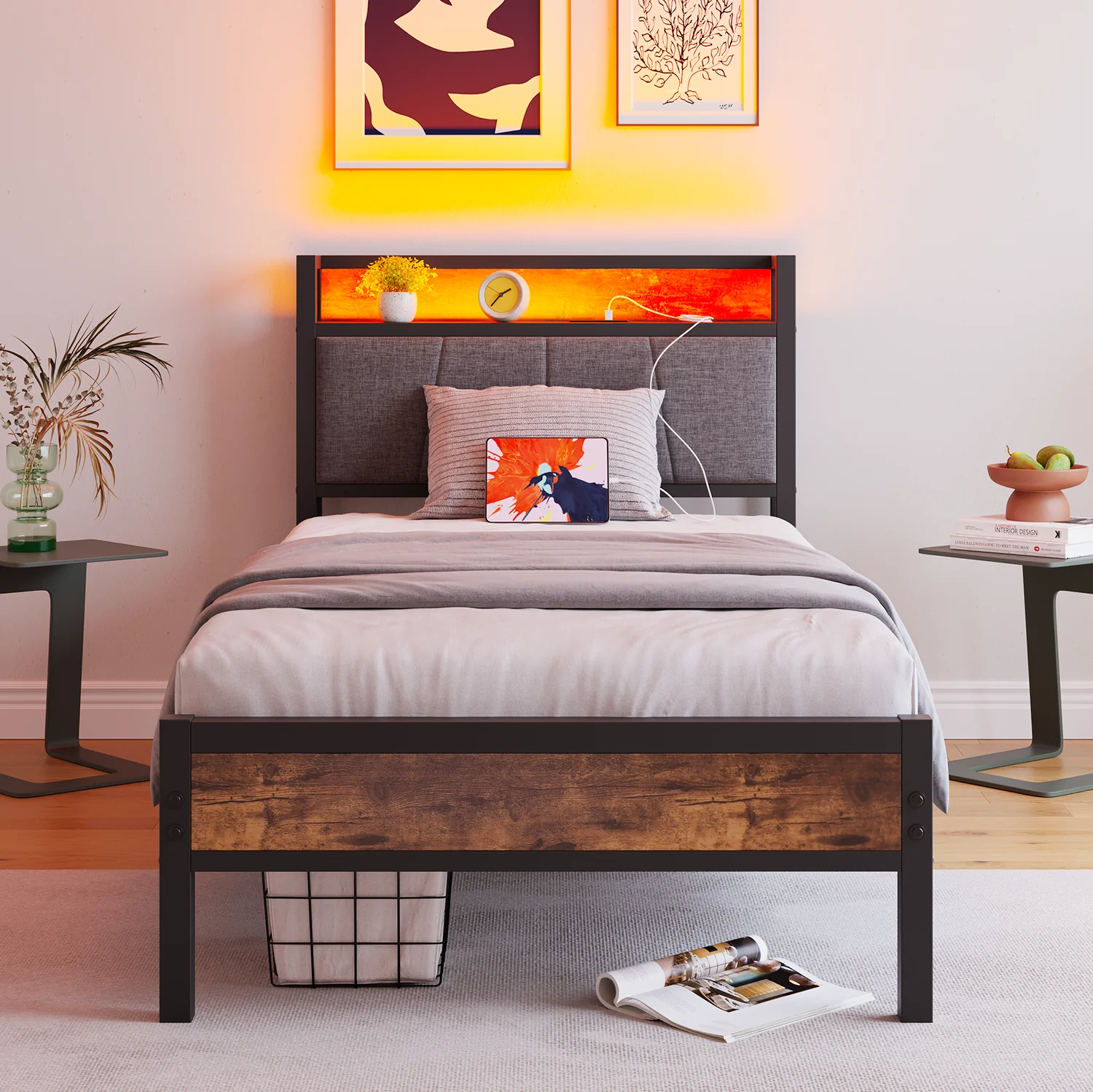 Bed Frame 90x200cm Smart LED Lights USB Charging - Metal