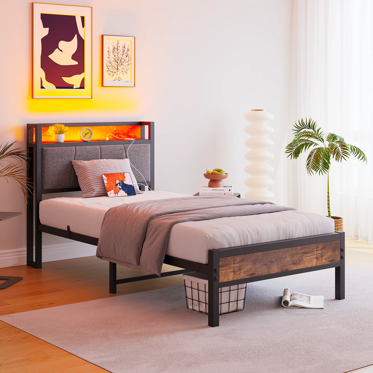 Bed Frame 90x200cm Smart LED Lights USB Charging - Metal - Image 2