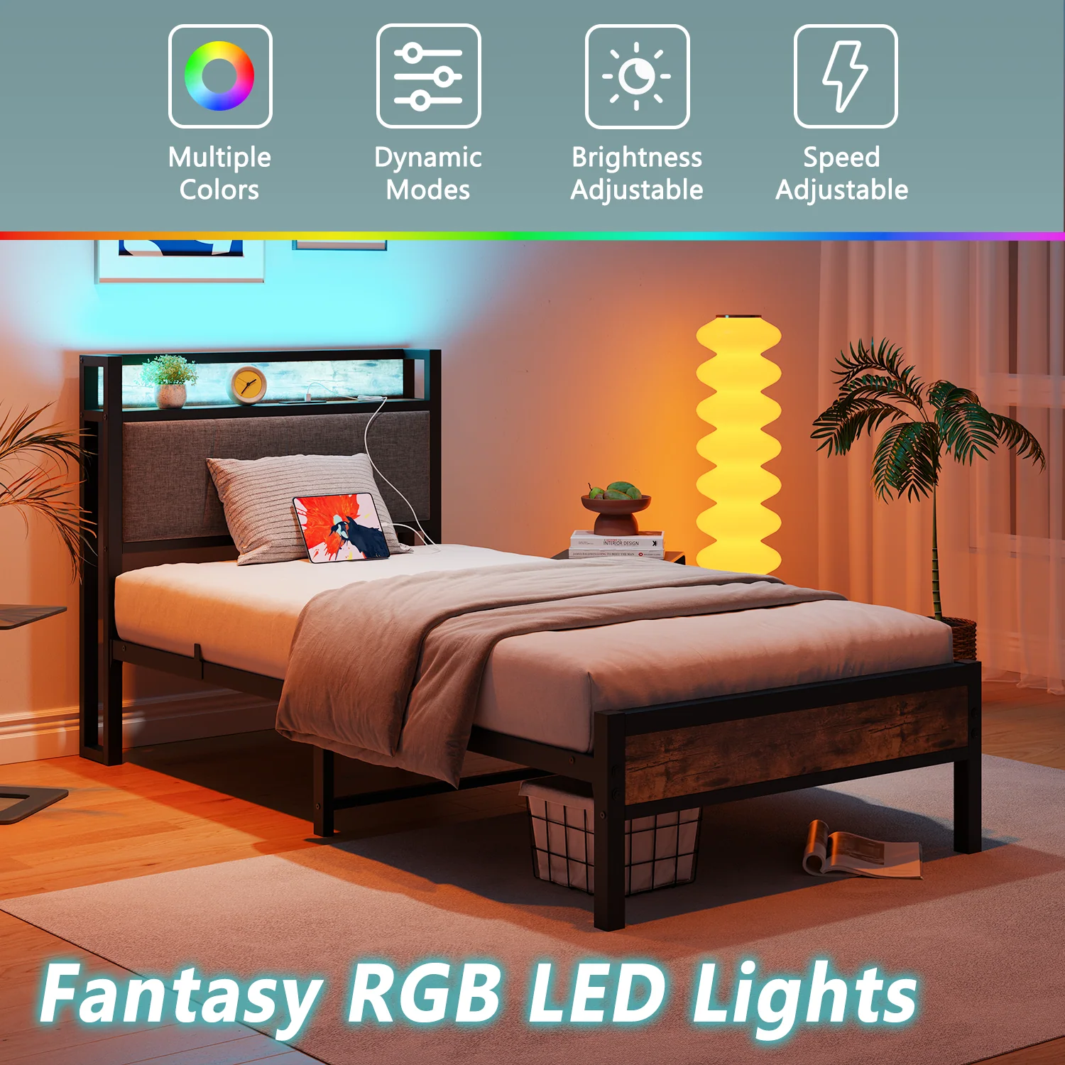 Bed Frame 90x200cm Smart LED Lights USB Charging - Metal - Image 3