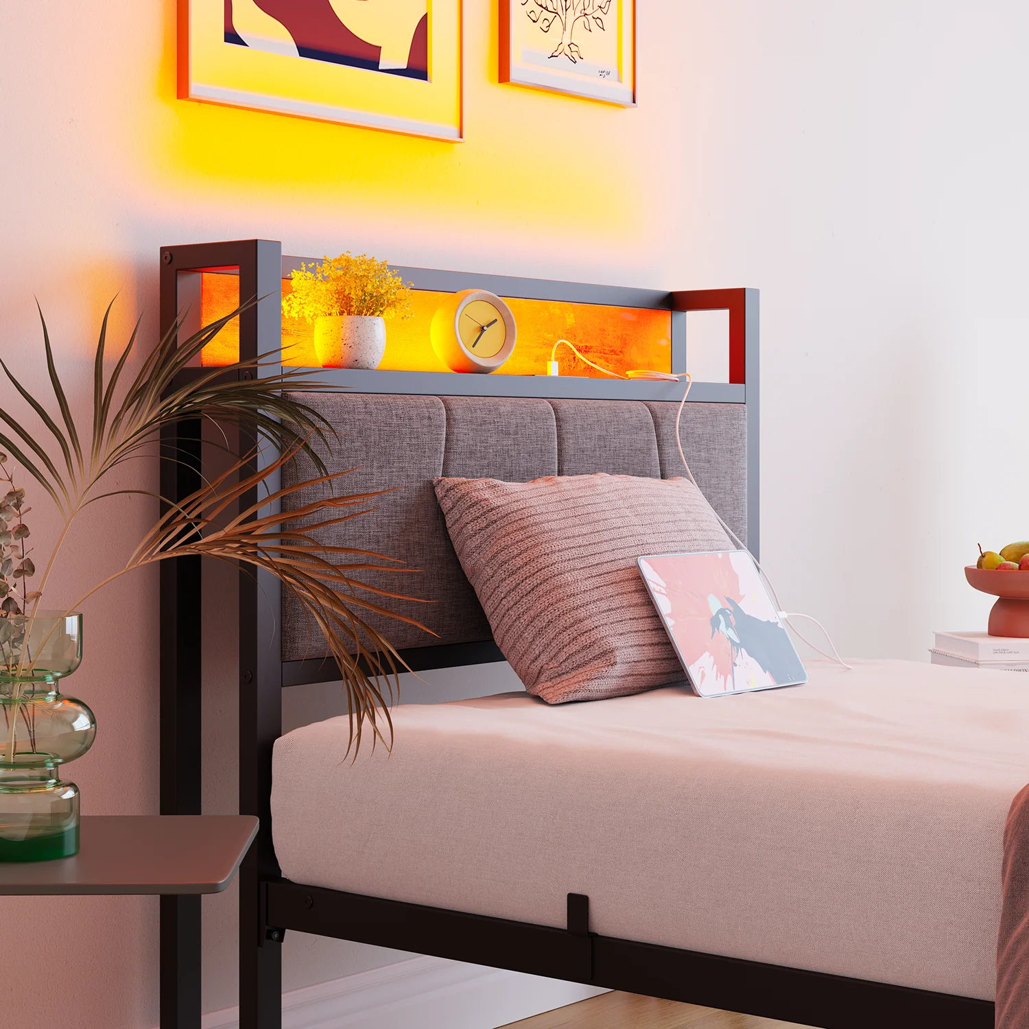 Bed Frame 90x200cm Smart LED Lights USB Charging - Metal - Image 4
