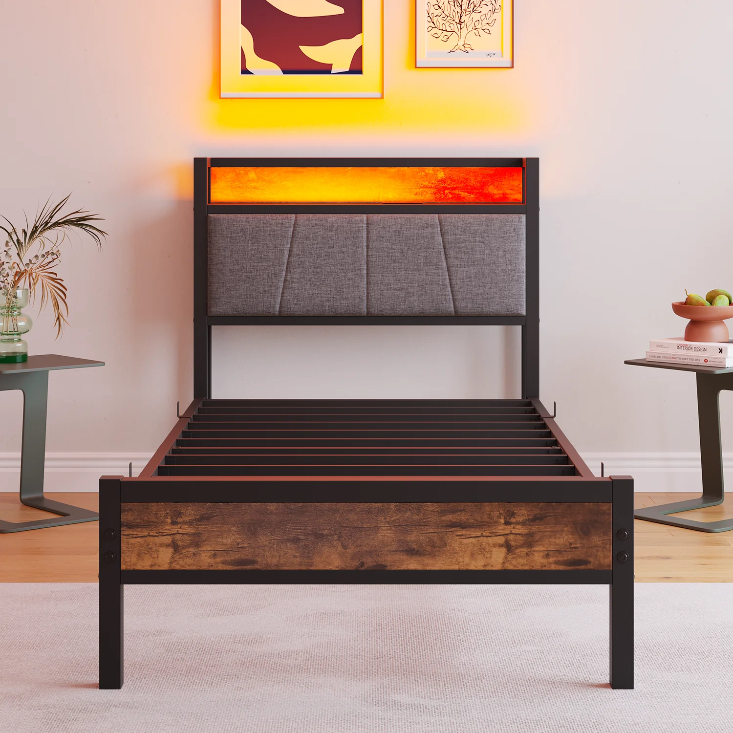 Bed Frame 90x200cm Smart LED Lights USB Charging - Metal - Image 6