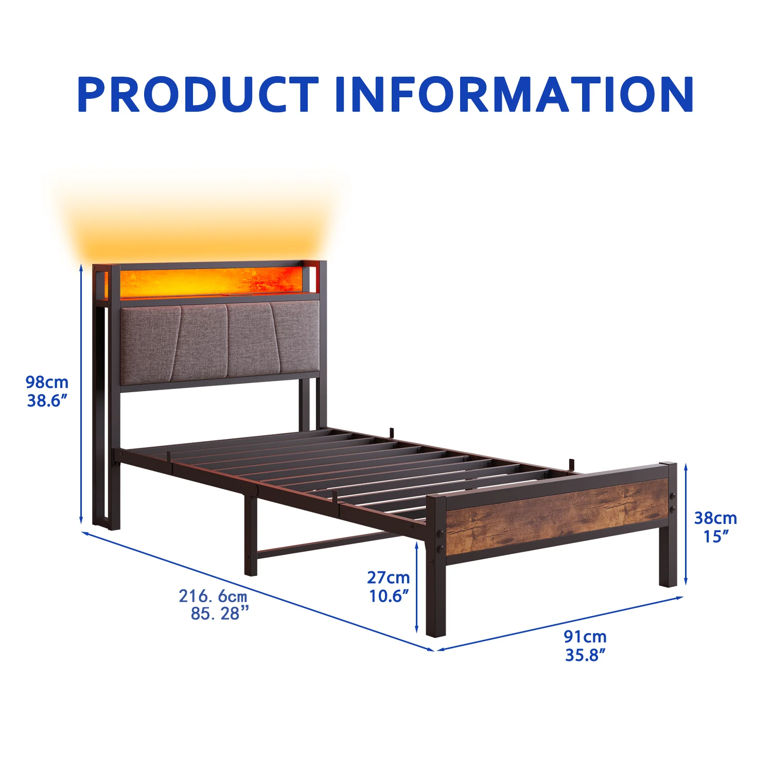 Bed Frame 90x200cm Smart LED Lights USB Charging - Metal - Image 9