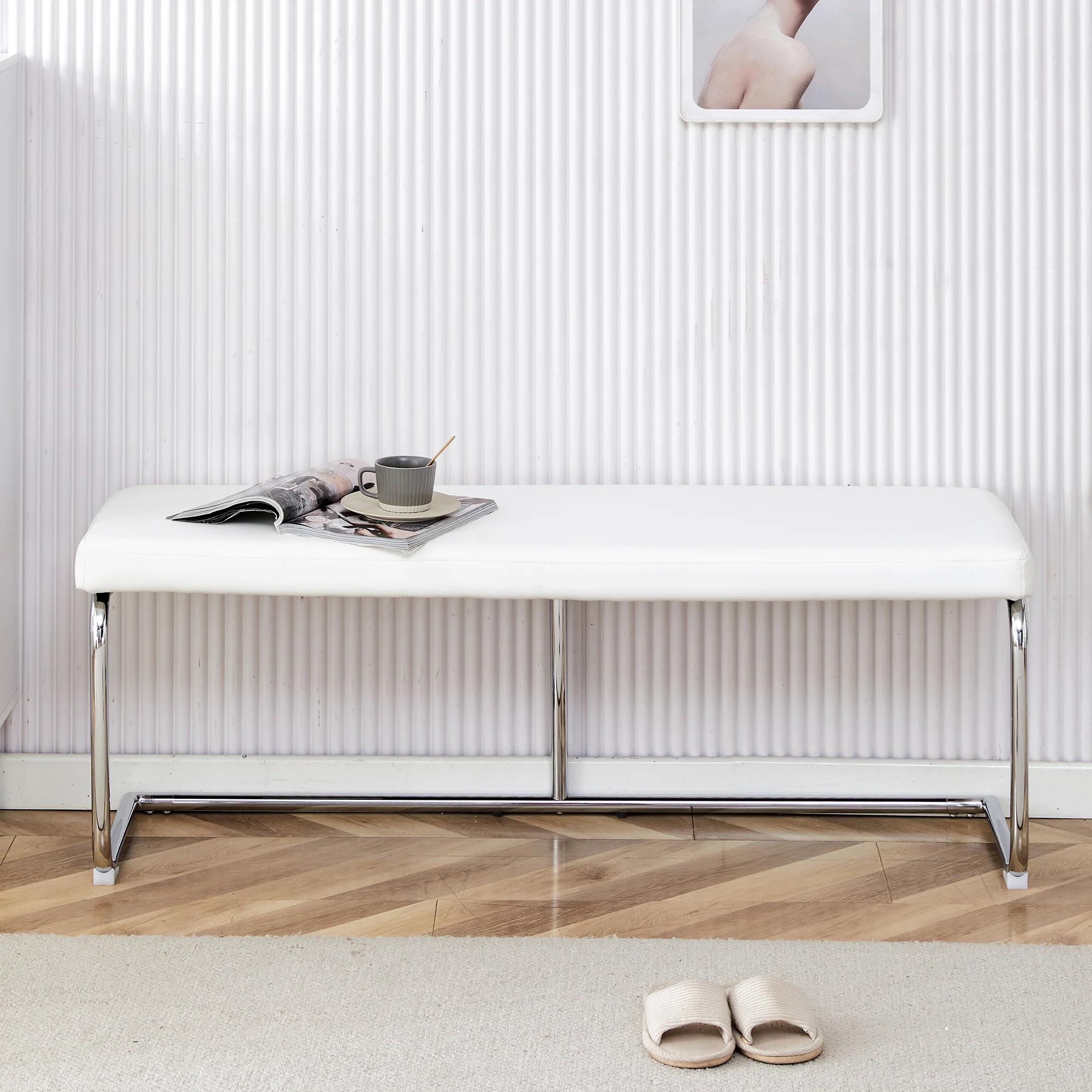 Bench 130cm Modern Chrome Frame - White Leather