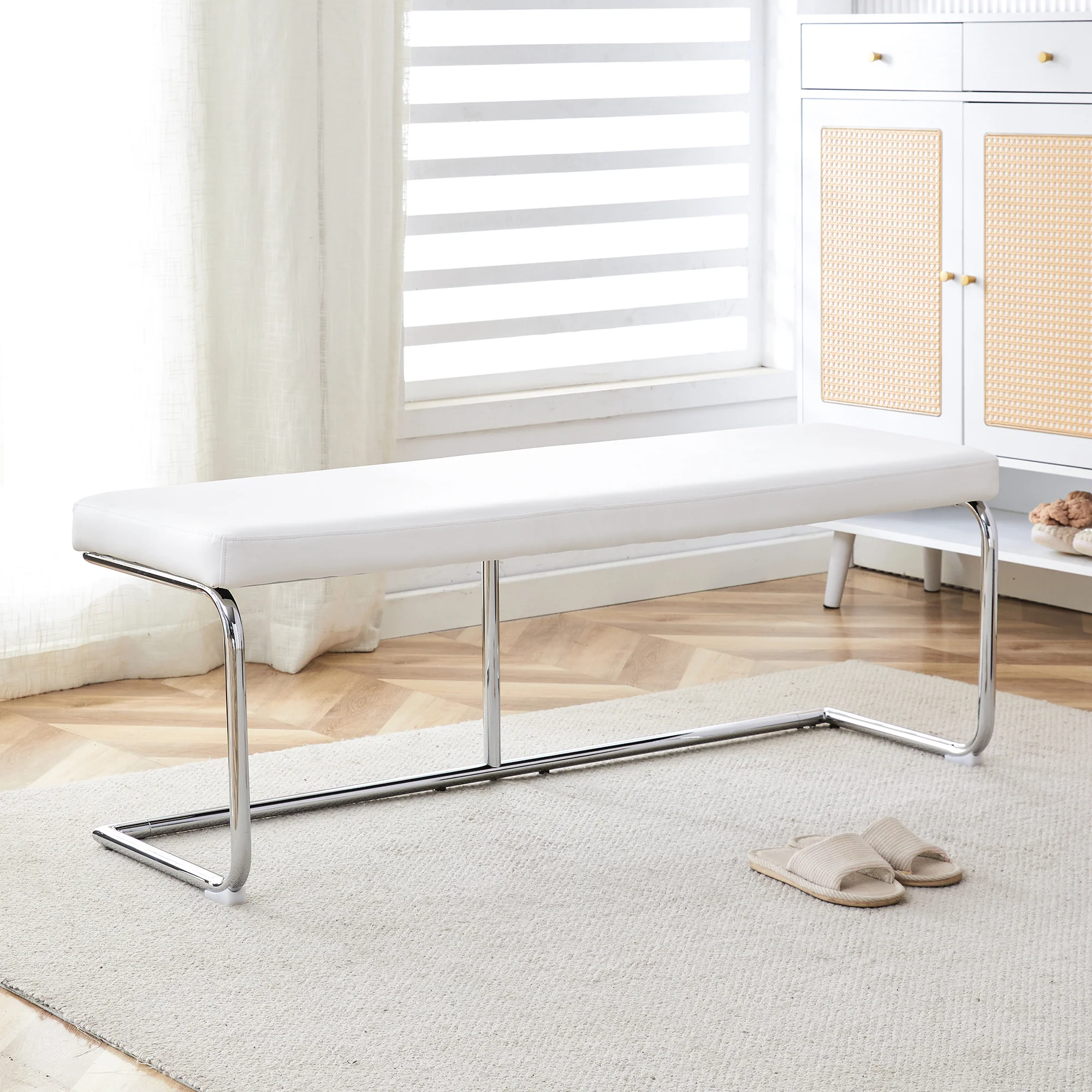 Bench 130cm Modern Chrome Frame - White Leather - Image 2