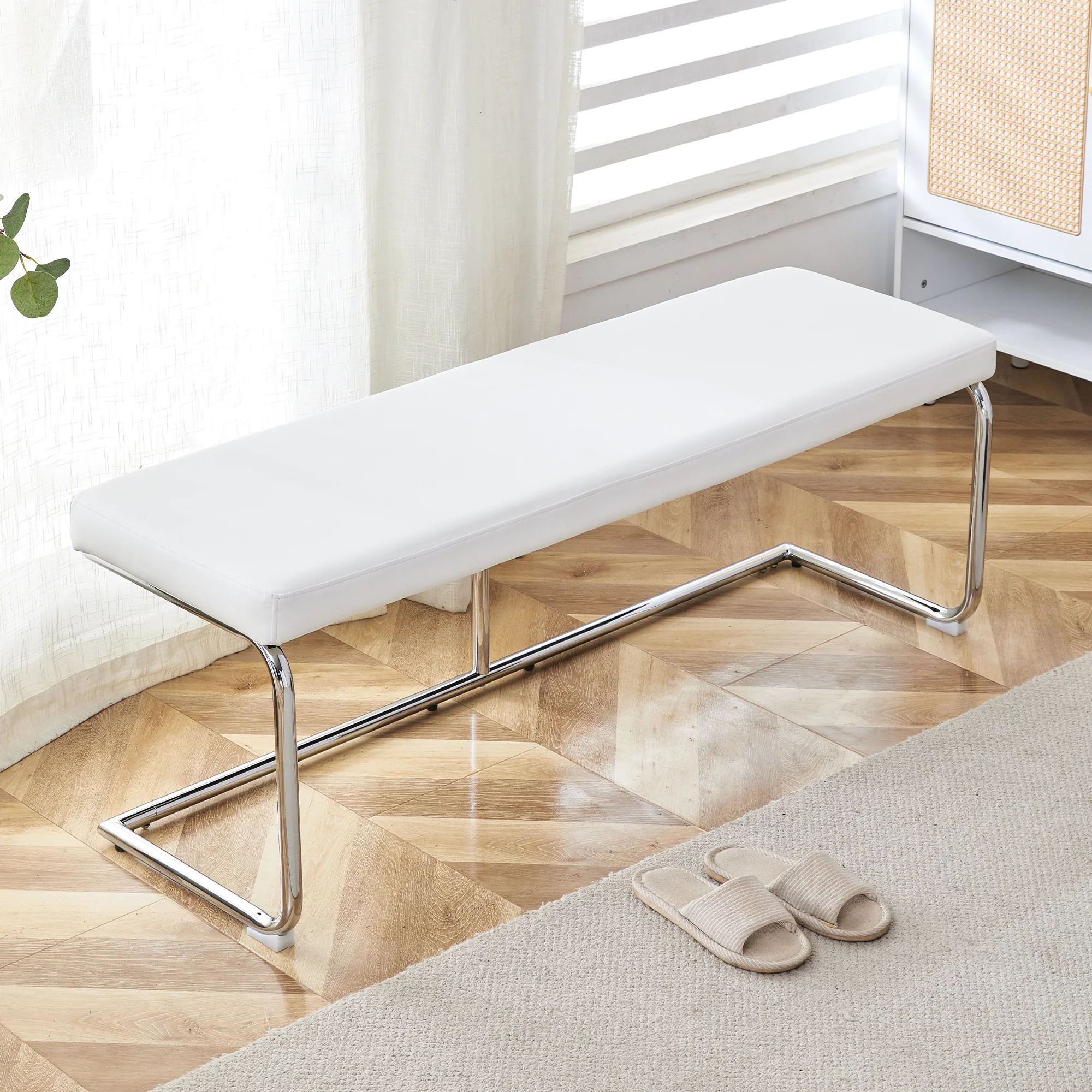 Bench 130cm Modern Chrome Frame - White Leather - Image 3