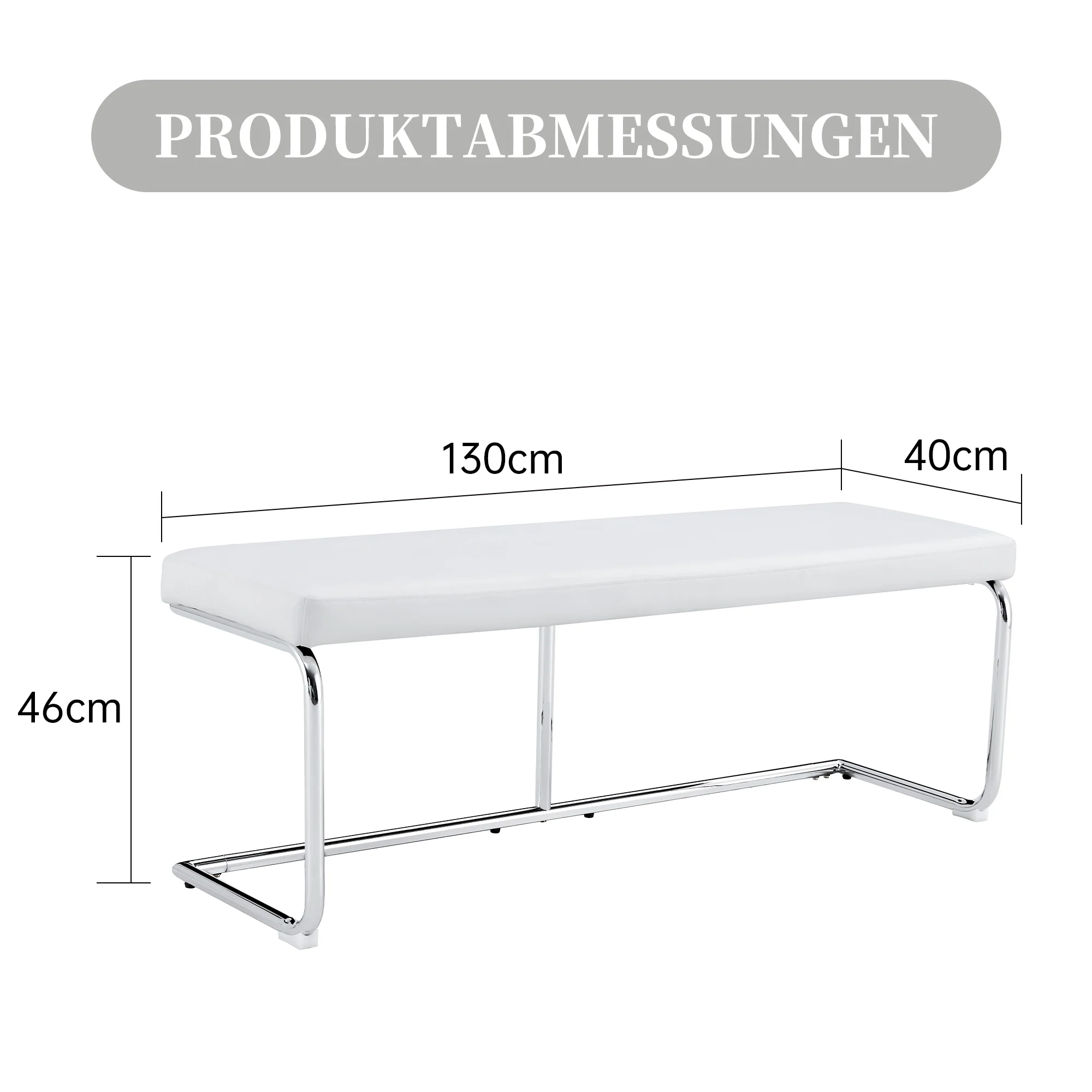 Bench 130cm Modern Chrome Frame - White Leather - Image 4