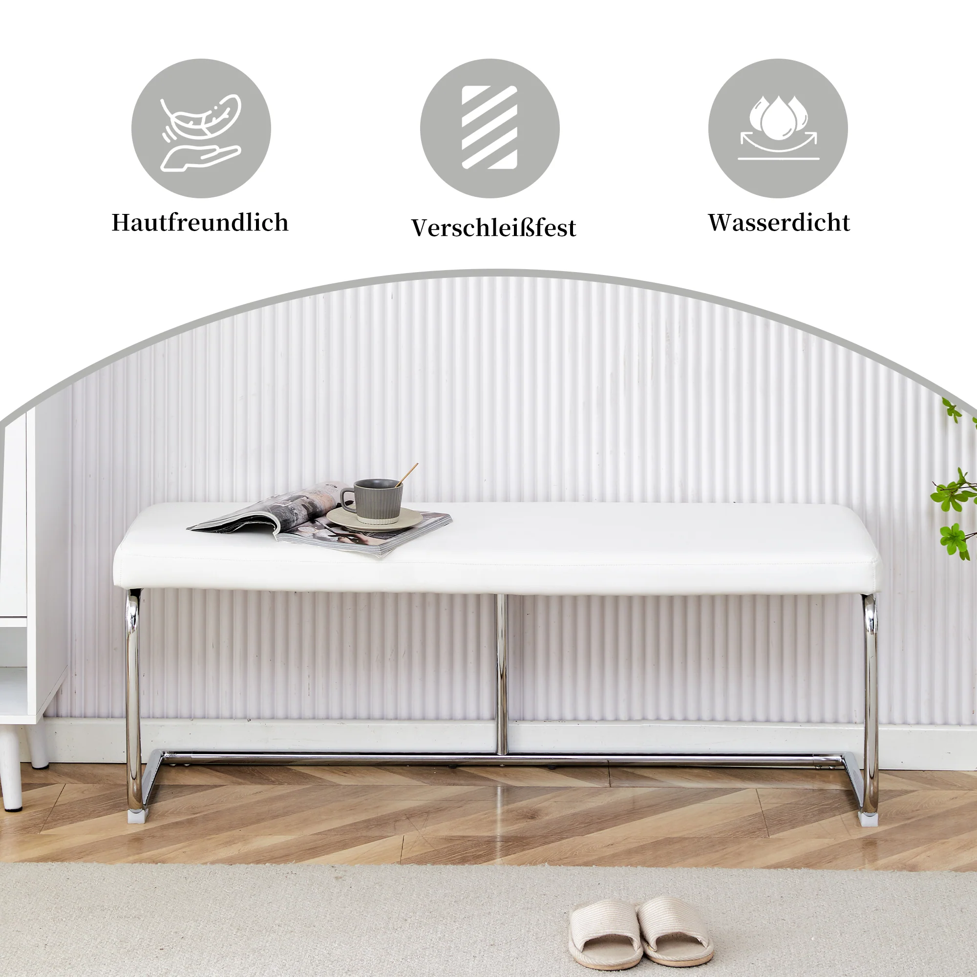 Bench 130cm Modern Chrome Frame - White Leather - Image 5