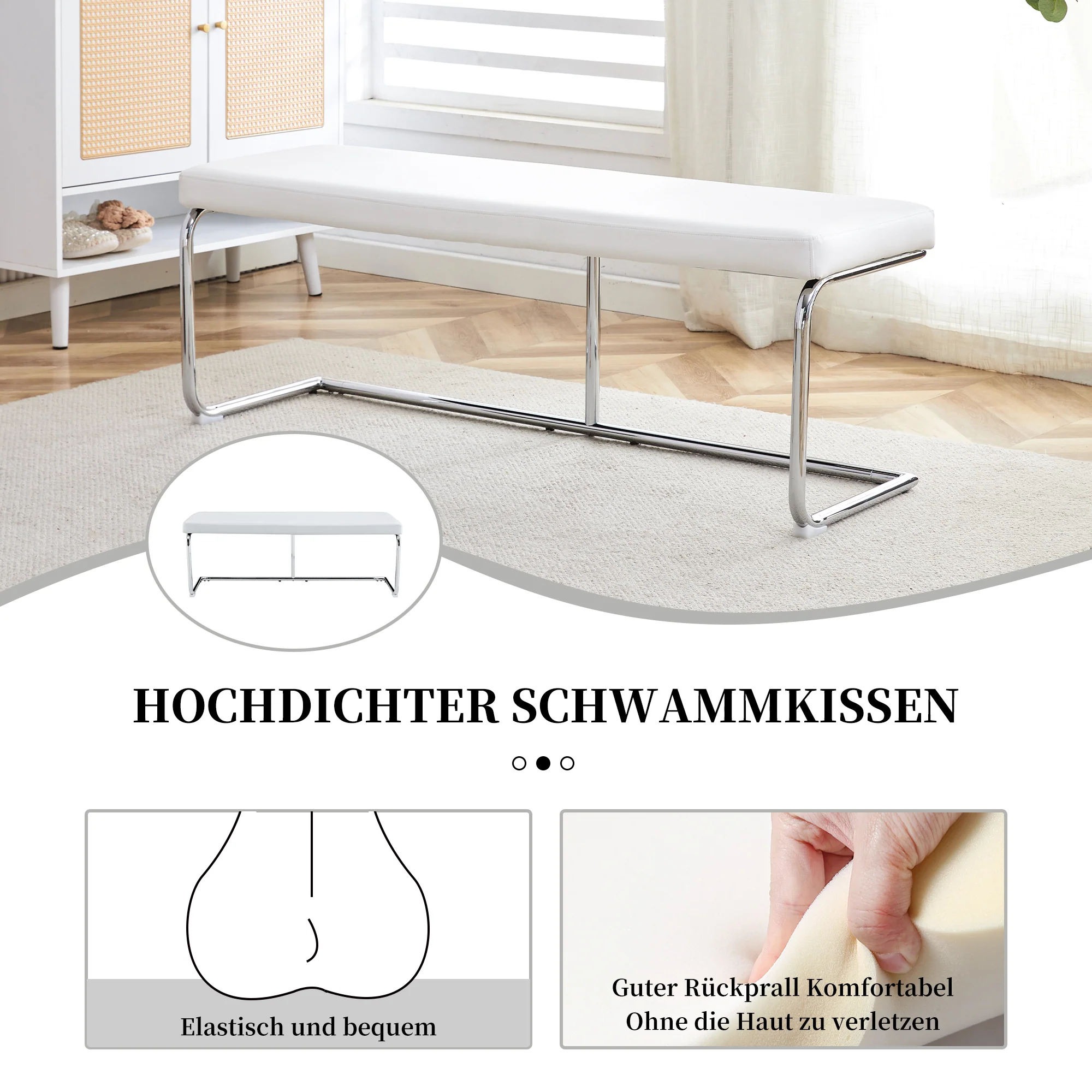 Bench 130cm Modern Chrome Frame - White Leather - Image 6