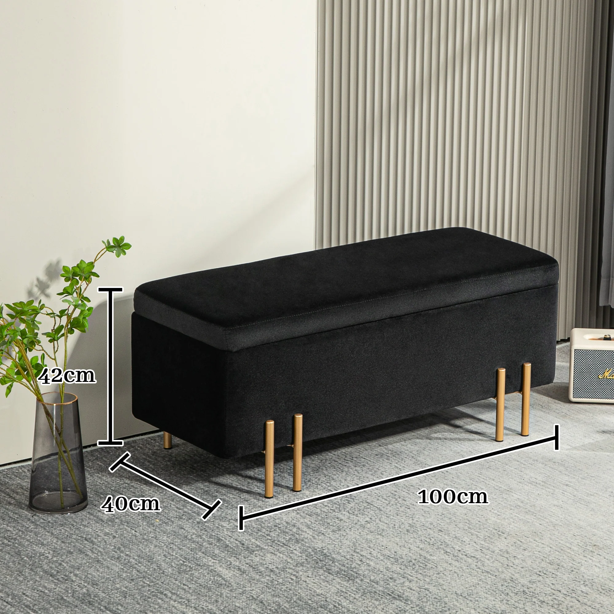Bench Upholstered with Storage 100x40x42cm, Black Fabric/Metal - Image 3