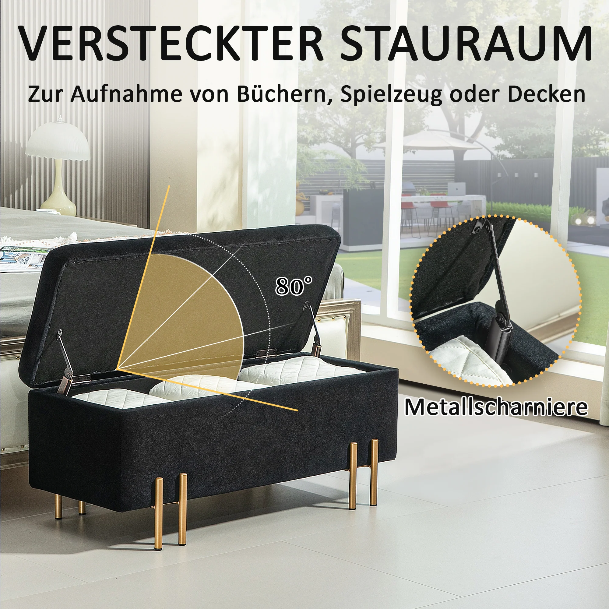Bench Upholstered with Storage 100x40x42cm, Black Fabric/Metal - Image 4