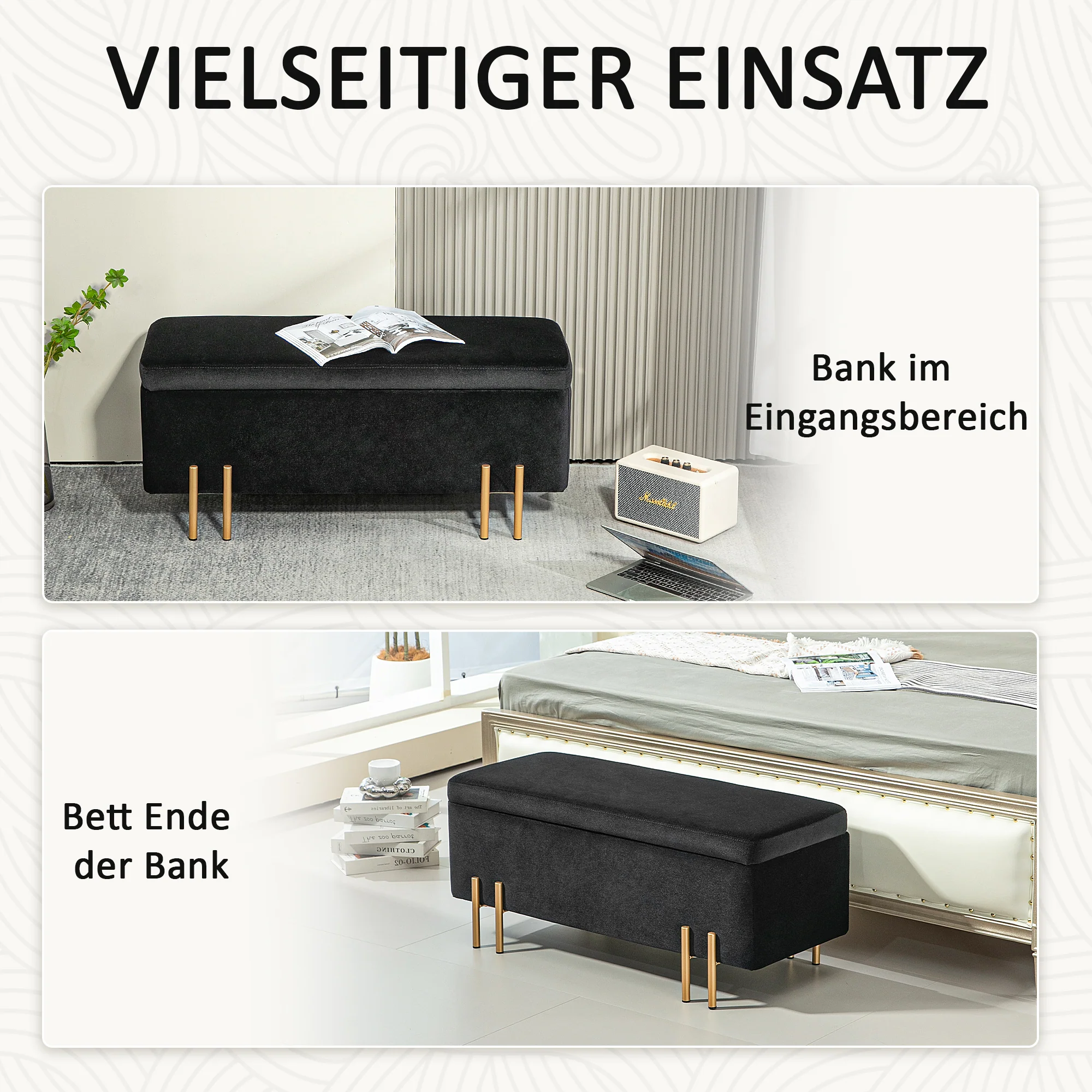 Bench Upholstered with Storage 100x40x42cm, Black Fabric/Metal - Image 6