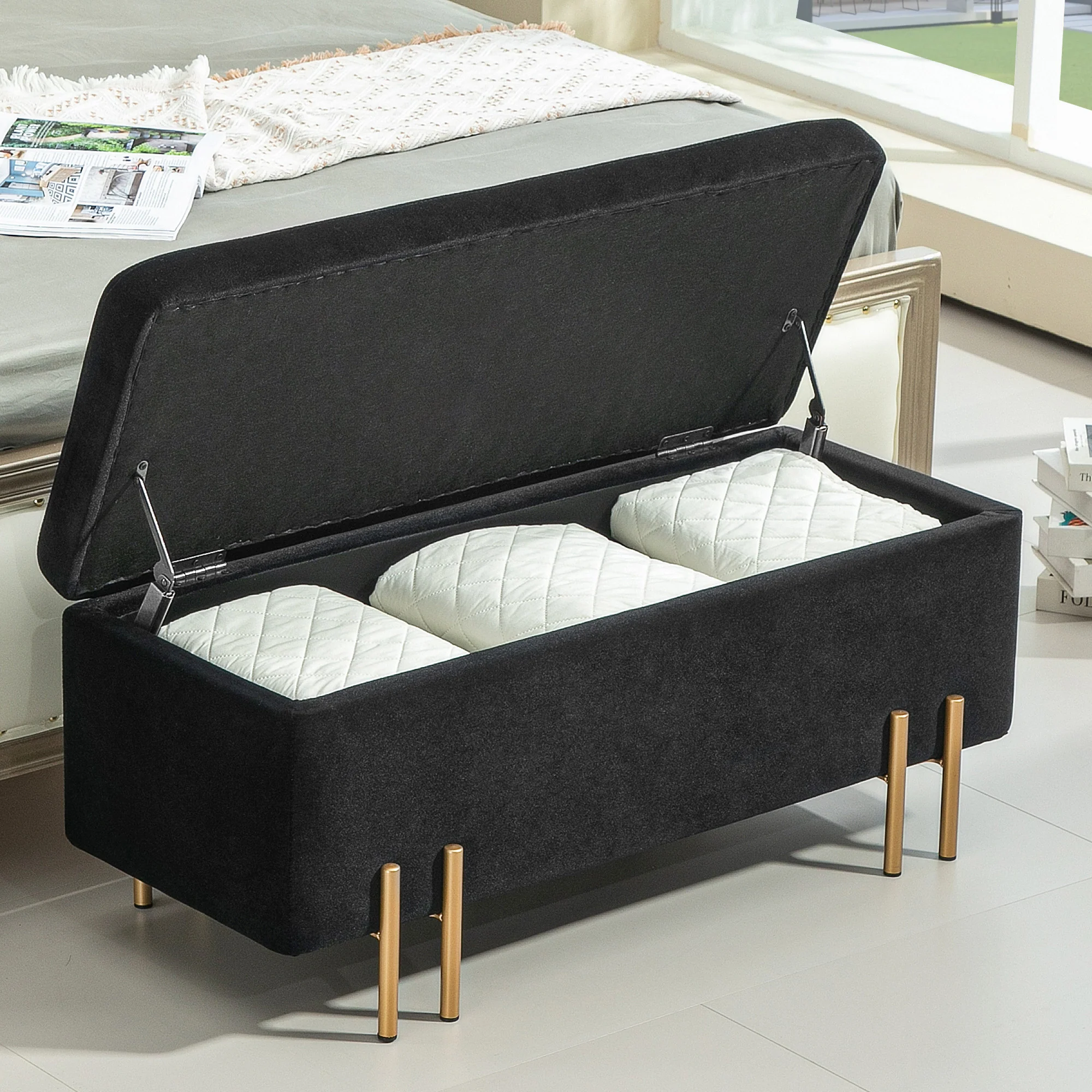 Bench Upholstered with Storage 100x40x42cm, Black Fabric/Metal - Image 7