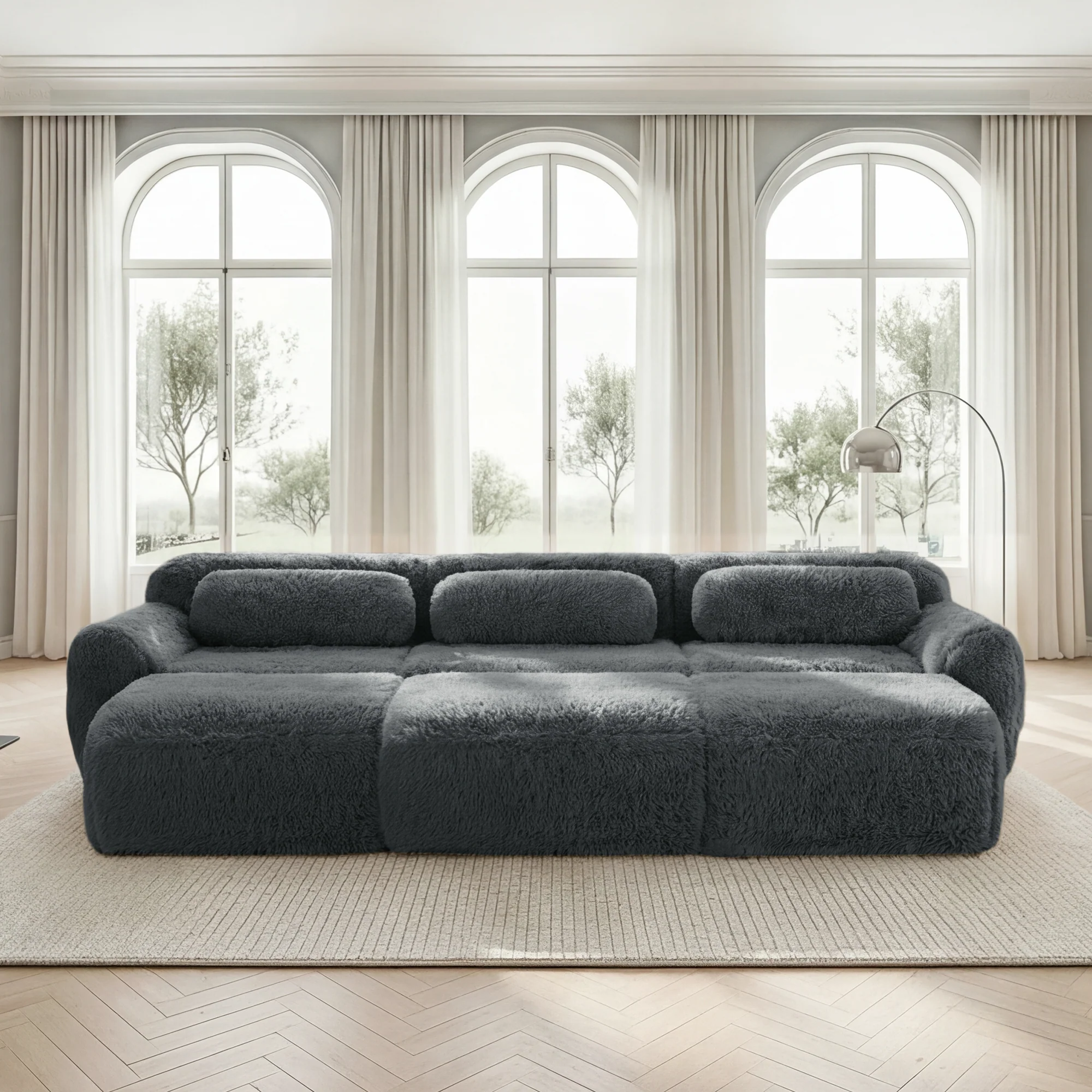 Boneless Cloud Modular Sleeper Sofa 3 Ottomans - Grey Plush Fabric - Image 2