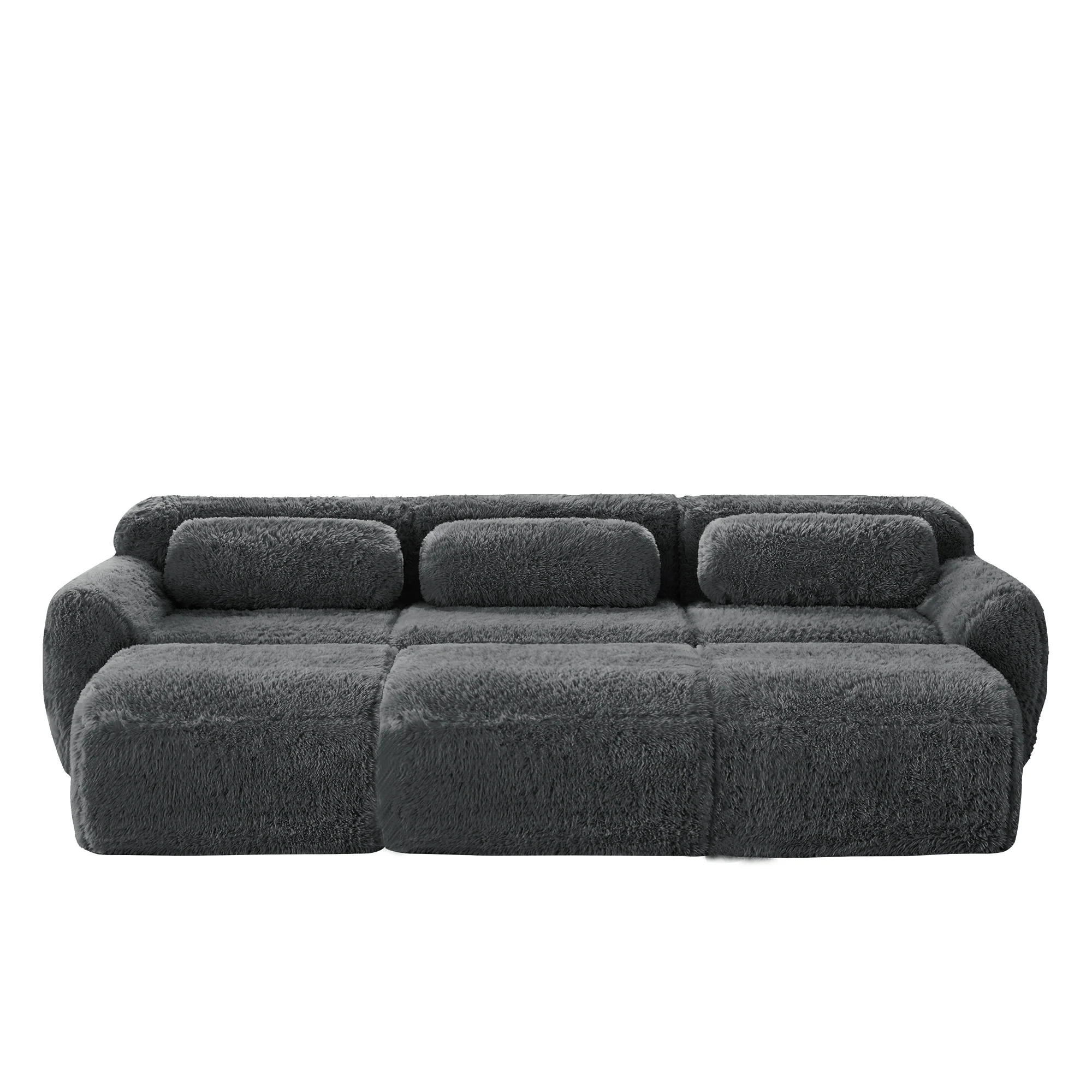 Boneless Cloud Modular Sleeper Sofa 3 Ottomans - Grey Plush Fabric - Image 4