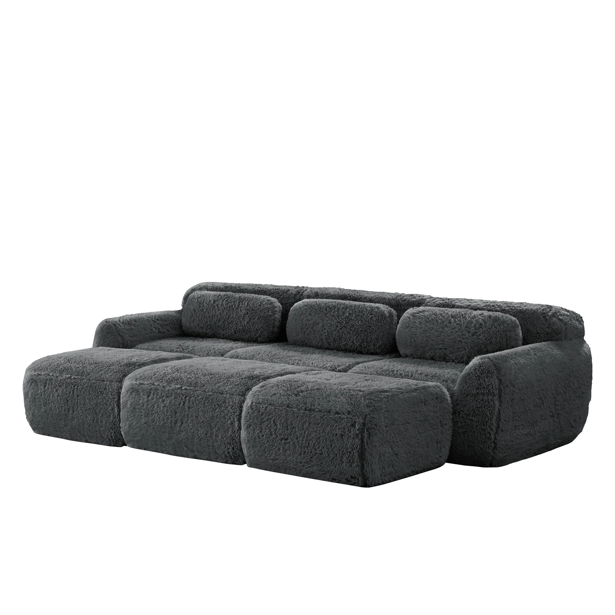 Boneless Cloud Modular Sleeper Sofa 3 Ottomans - Grey Plush Fabric - Image 5