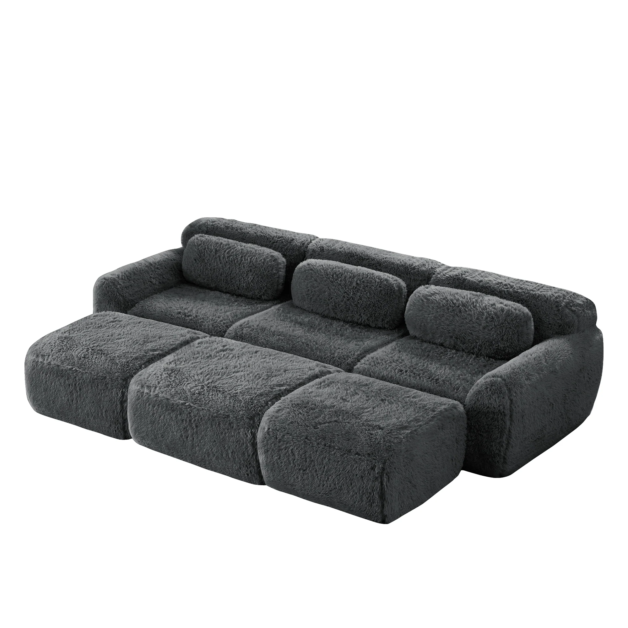 Boneless Cloud Modular Sleeper Sofa 3 Ottomans - Grey Plush Fabric - Image 6