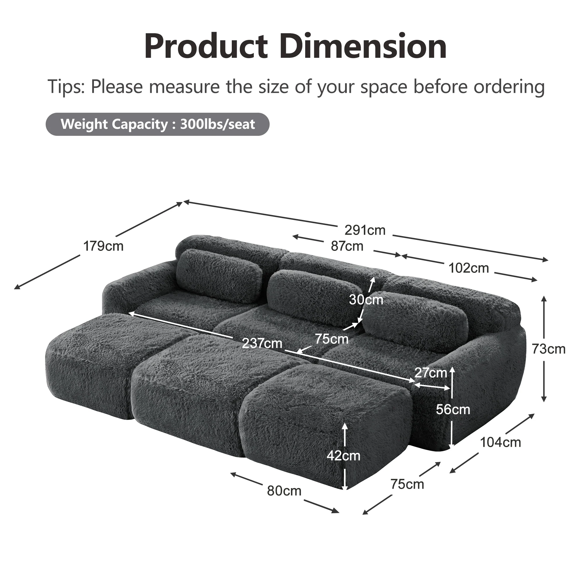 Boneless Cloud Modular Sleeper Sofa 3 Ottomans - Grey Plush Fabric - Image 7