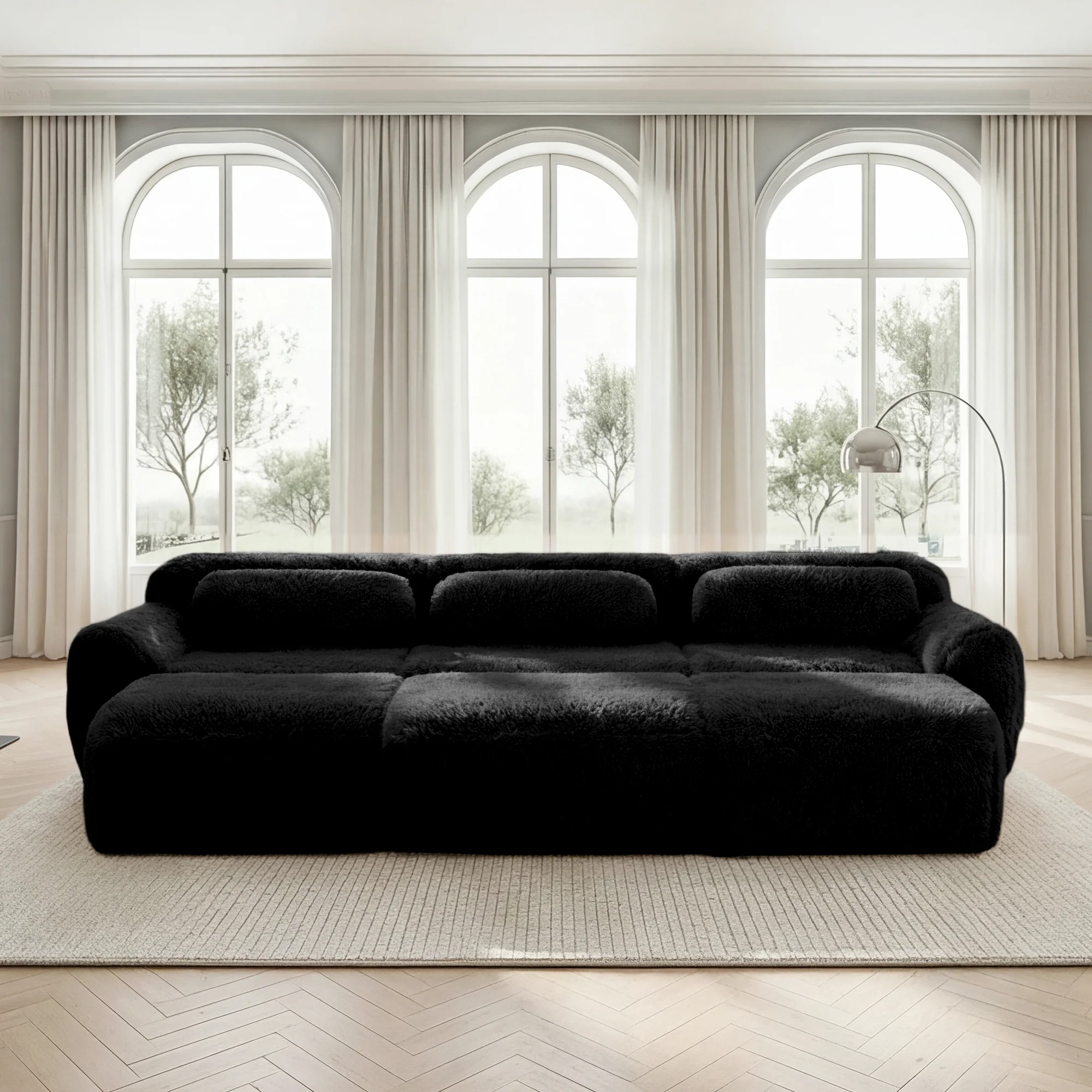 Boneless Cloud Sofas Modular 3-Seater Sleeper Sofa with 3 Ottomans Black Soft Plush Fabric - Image 2