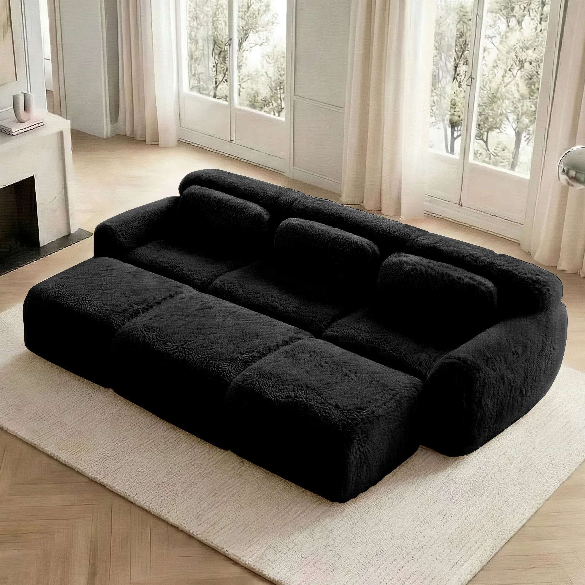 Boneless Cloud Sofas Modular 3-Seater Sleeper Sofa with 3 Ottomans Black Soft Plush Fabric - Image 3