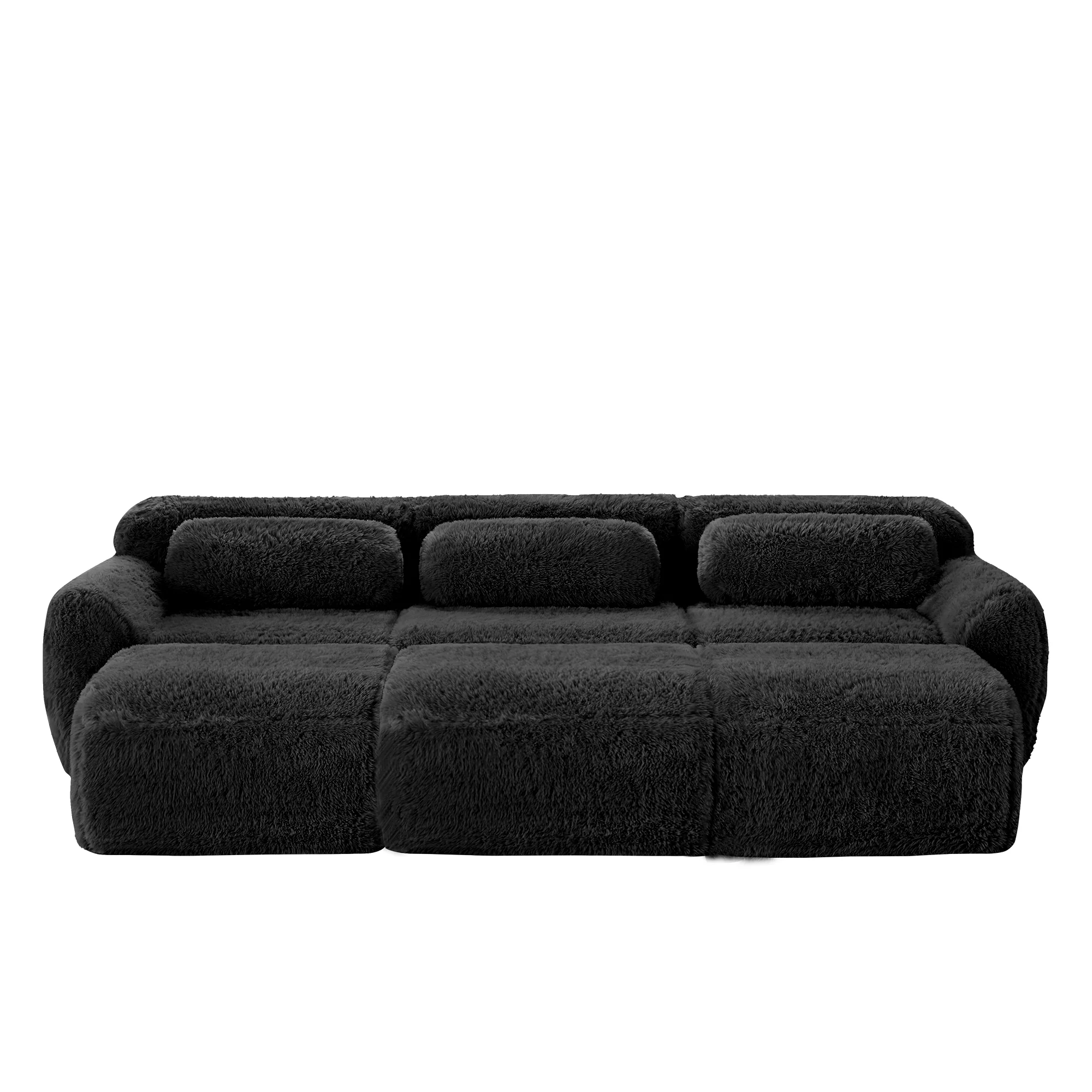 Boneless Cloud Sofas Modular 3-Seater Sleeper Sofa with 3 Ottomans Black Soft Plush Fabric - Image 5