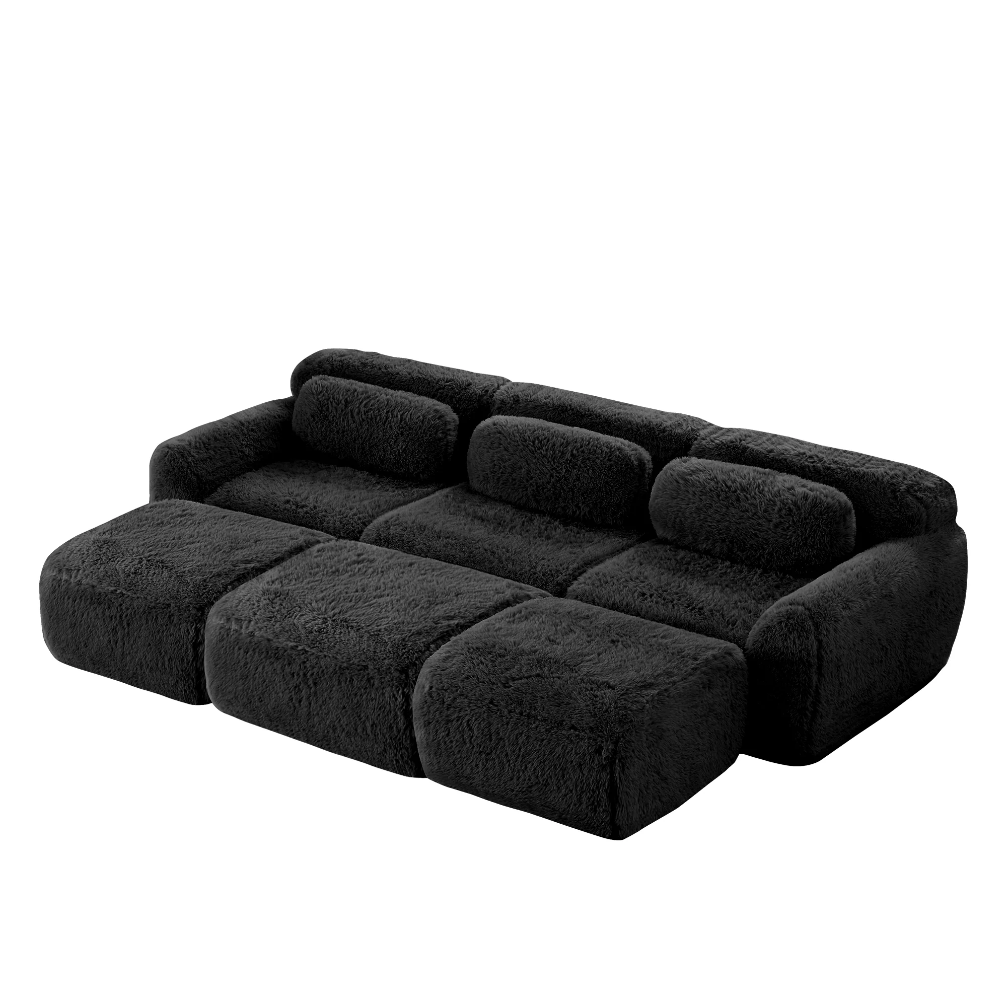 Boneless Cloud Sofas Modular 3-Seater Sleeper Sofa with 3 Ottomans Black Soft Plush Fabric - Image 6