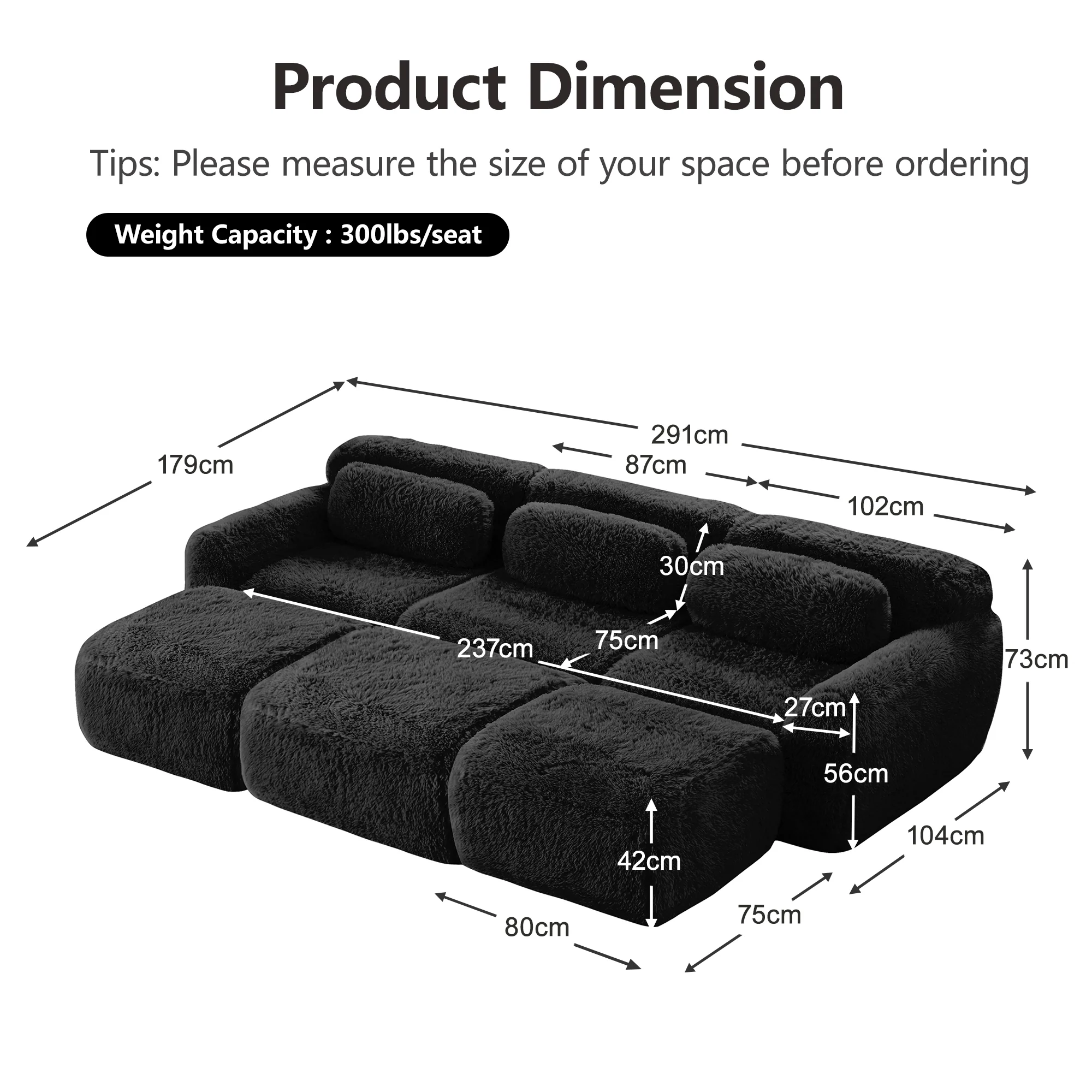 Boneless Cloud Sofas Modular 3-Seater Sleeper Sofa with 3 Ottomans Black Soft Plush Fabric - Image 7