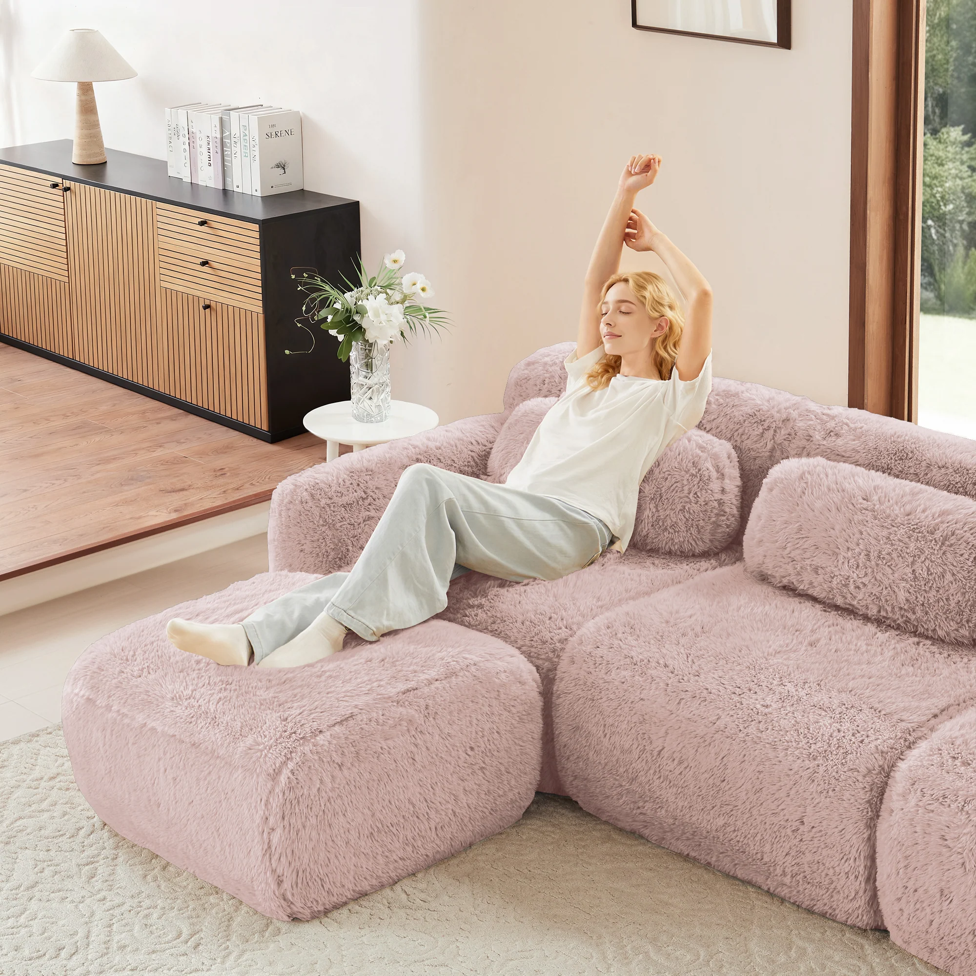 Boneless Cloud Sofas Modular Sleeper Sofa 3-Seater 3 Ottomans - Pink Plush - Image 10