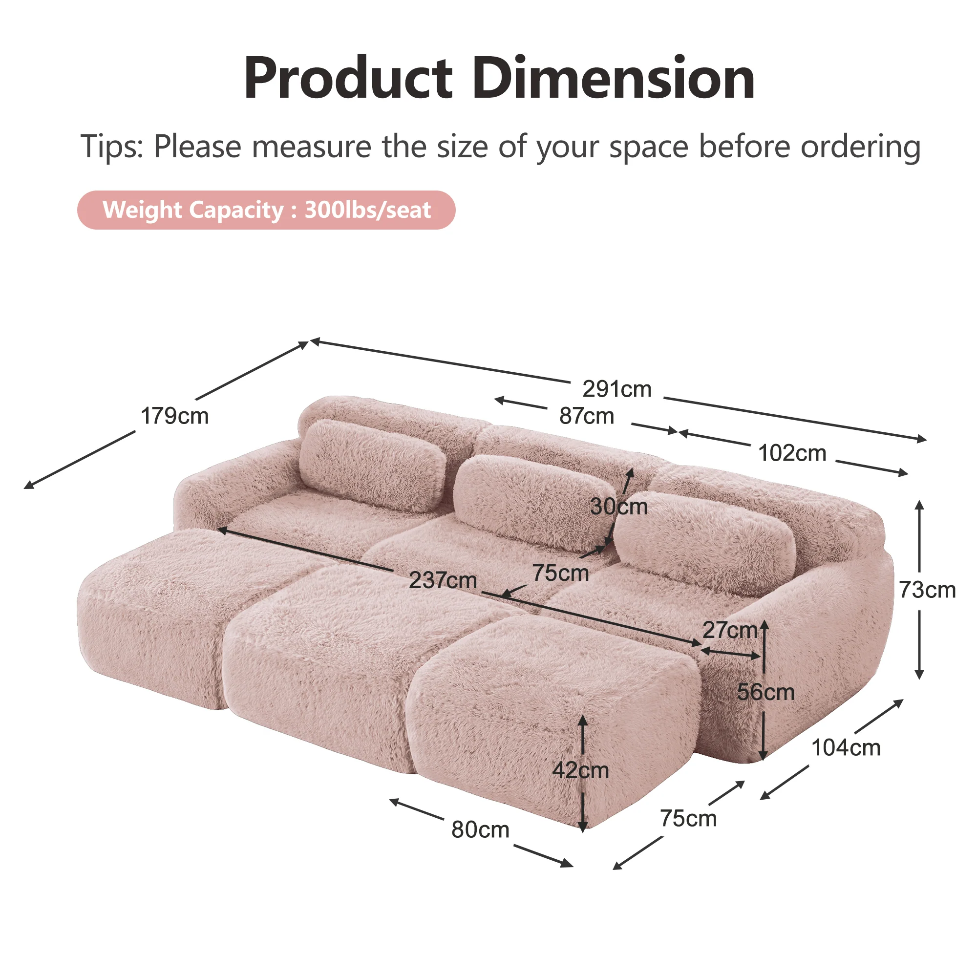 Boneless Cloud Sofas Modular Sleeper Sofa 3-Seater 3 Ottomans - Pink Plush - Image 5