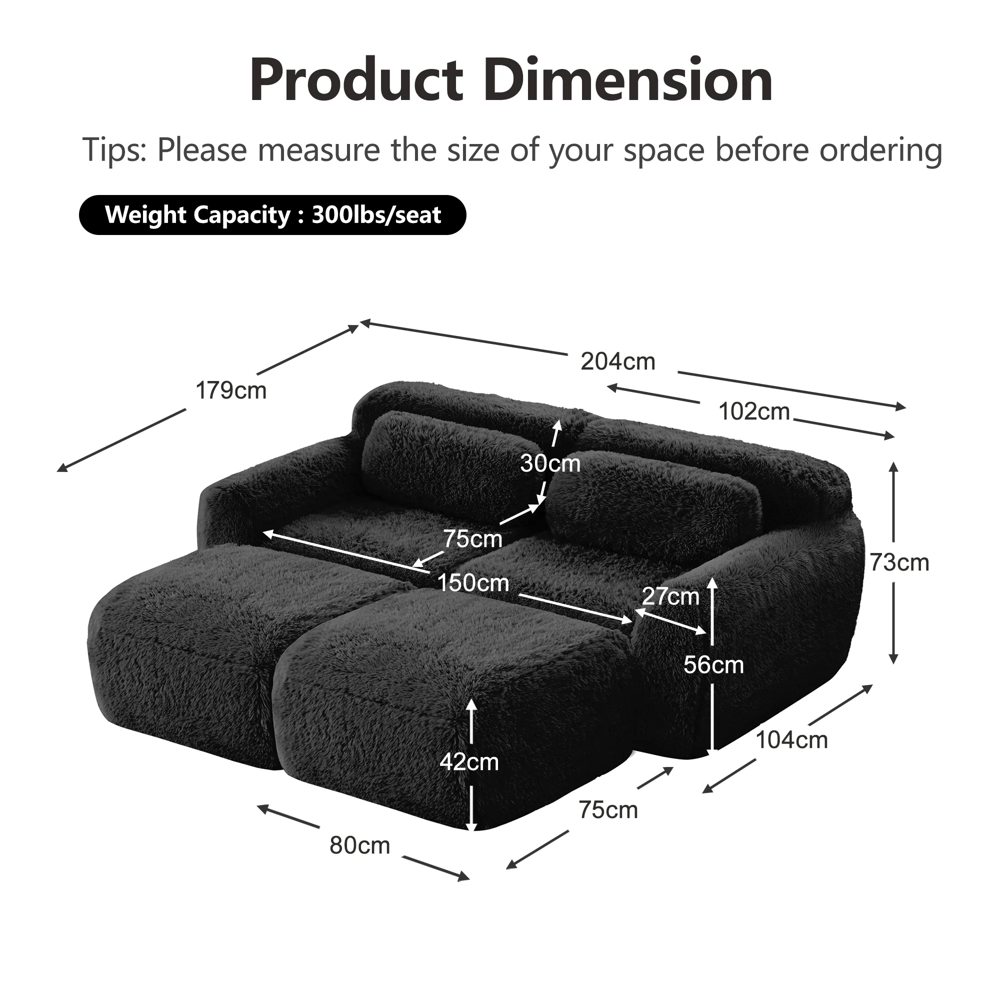 Boneless Cloud Sofas Modular Sleeper Sofa Two-Seater with 2 Ottomans No Assembly Plush Black - Image 7