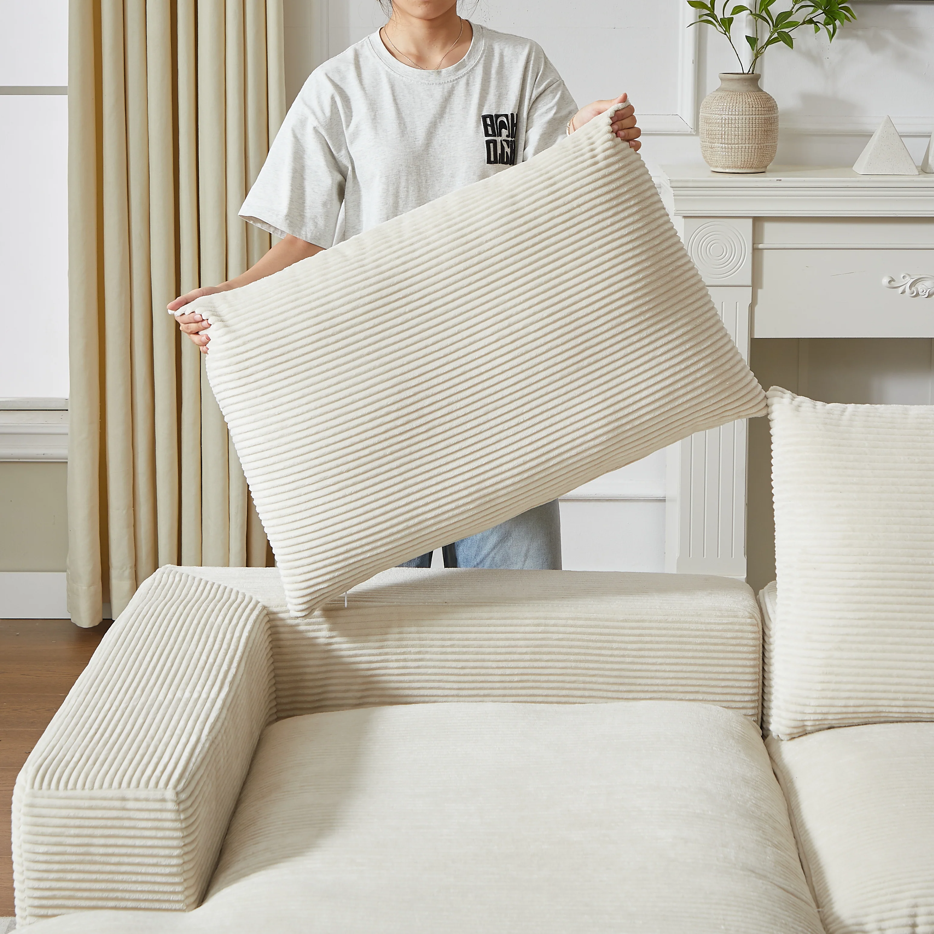Boneless Couch L-Shaped Chaise 3 Cushions No Assembly - Corduroy - Image 3