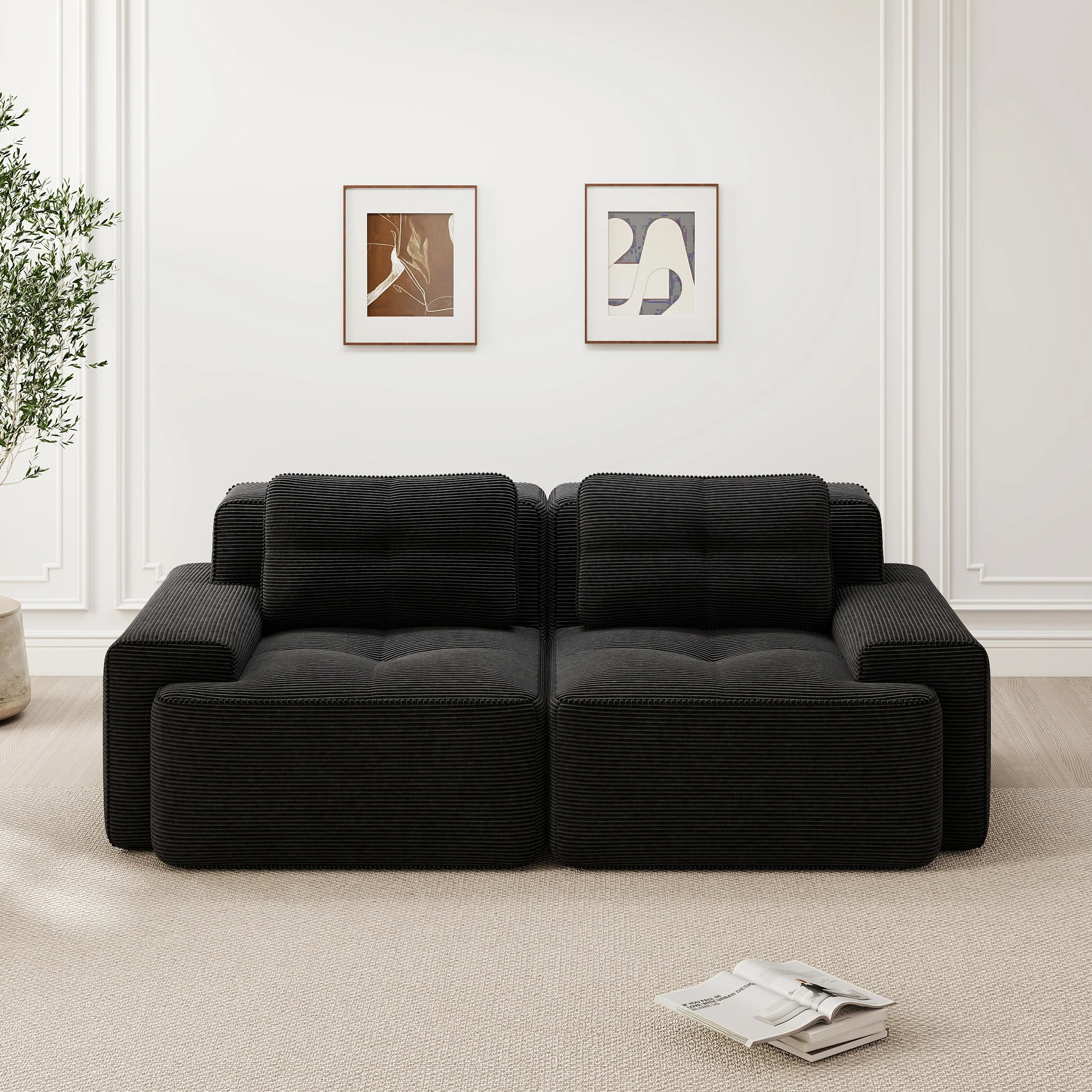 Boneless Modular Sofa Deep Seat Loveseat Sleeper - Corduroy Black - Image 2
