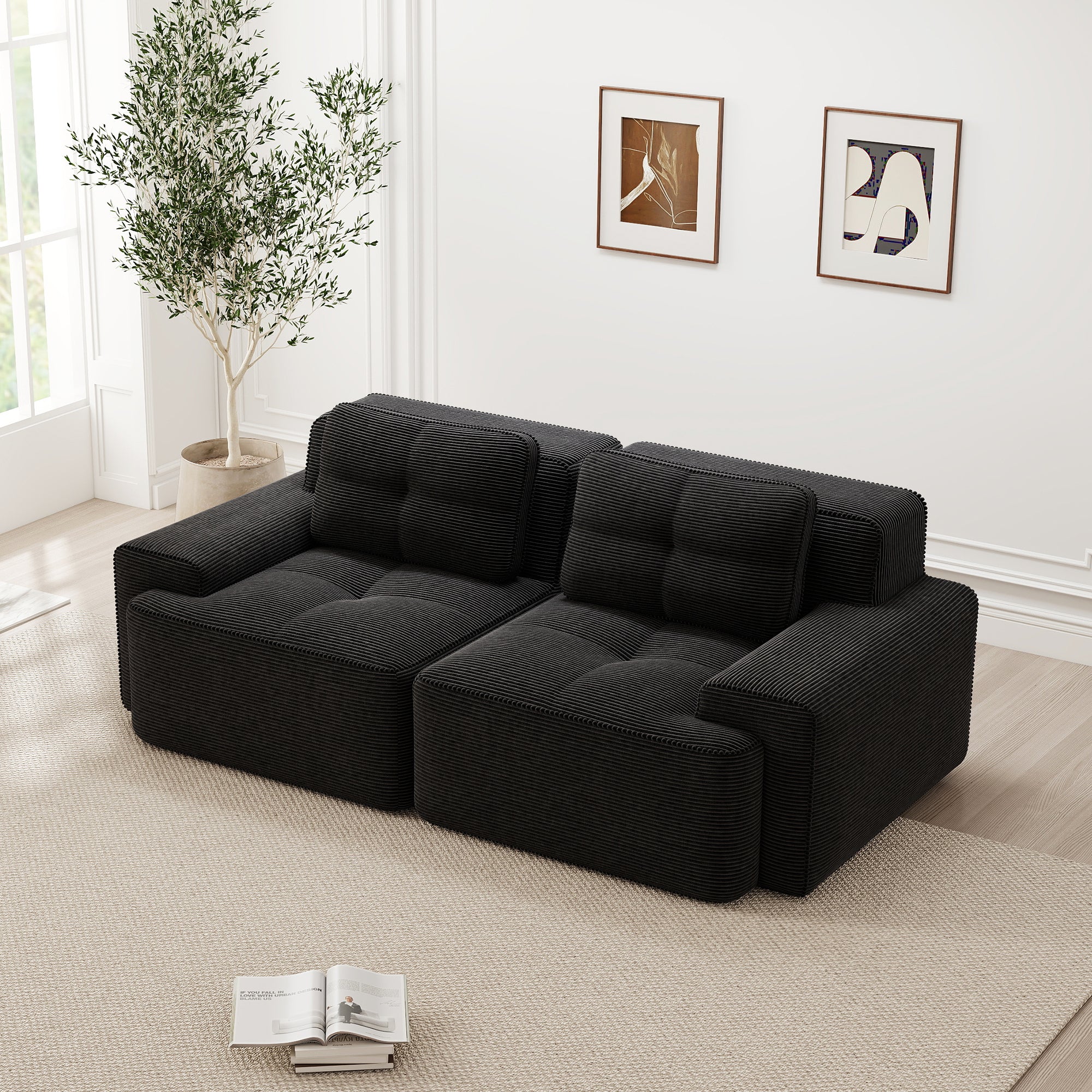 Boneless Modular Sofa Deep Seat Loveseat Sleeper - Corduroy Black - Image 3