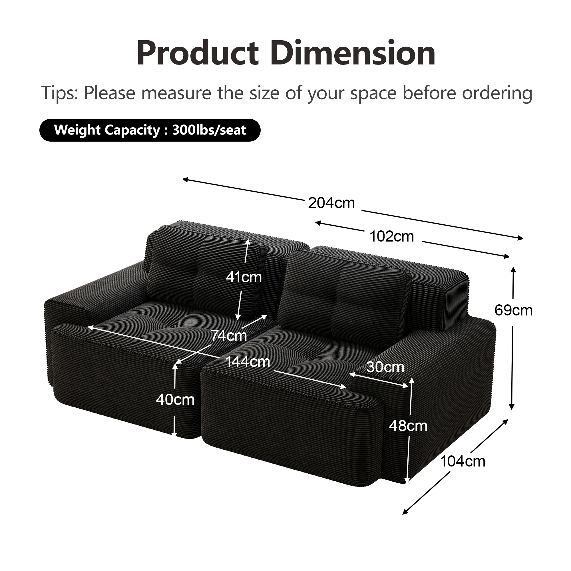 Boneless Modular Sofa Deep Seat Loveseat Sleeper - Corduroy Black - Image 7
