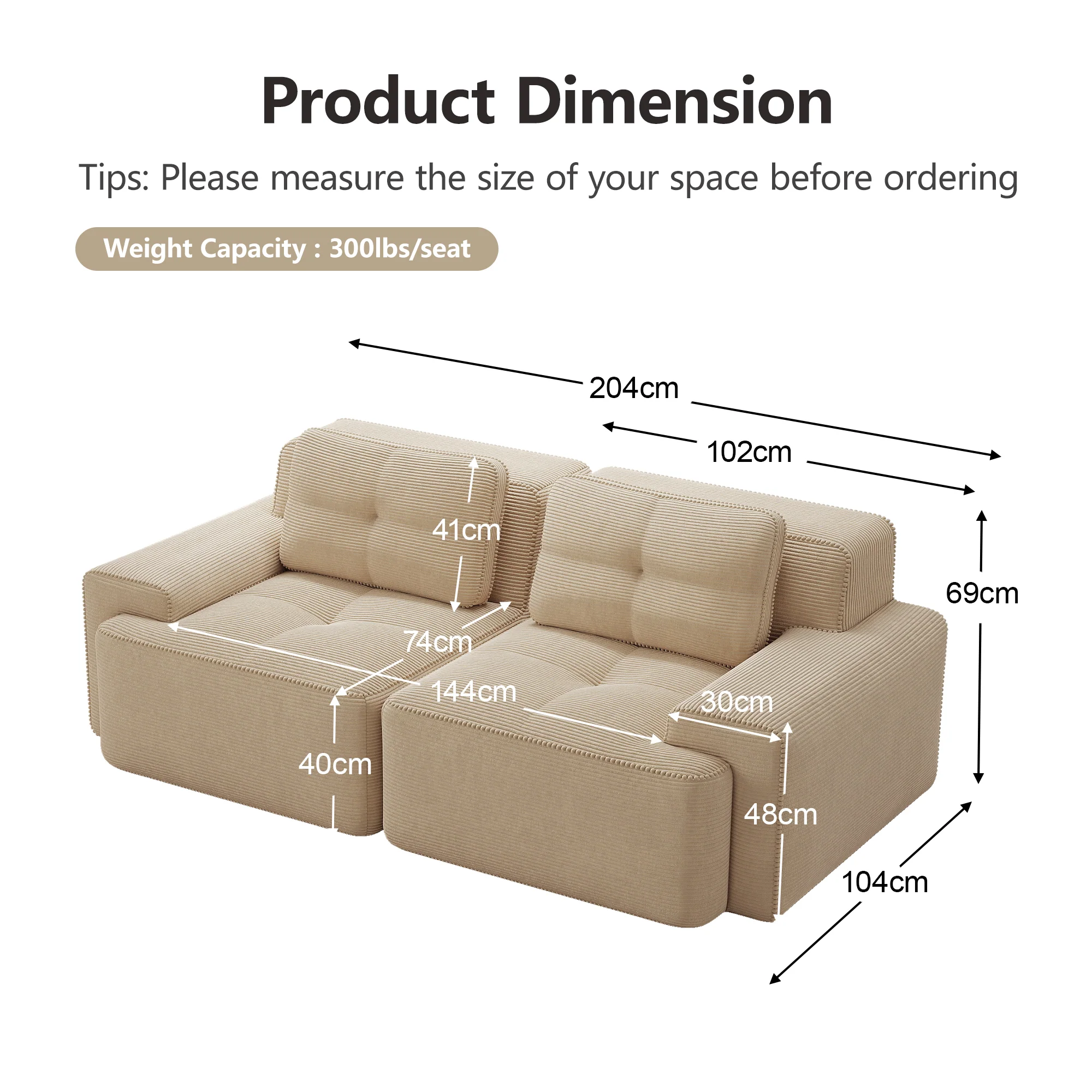 Boneless Modular Sofa Deep Seat Sleeper - Corduroy Beige - Image 7