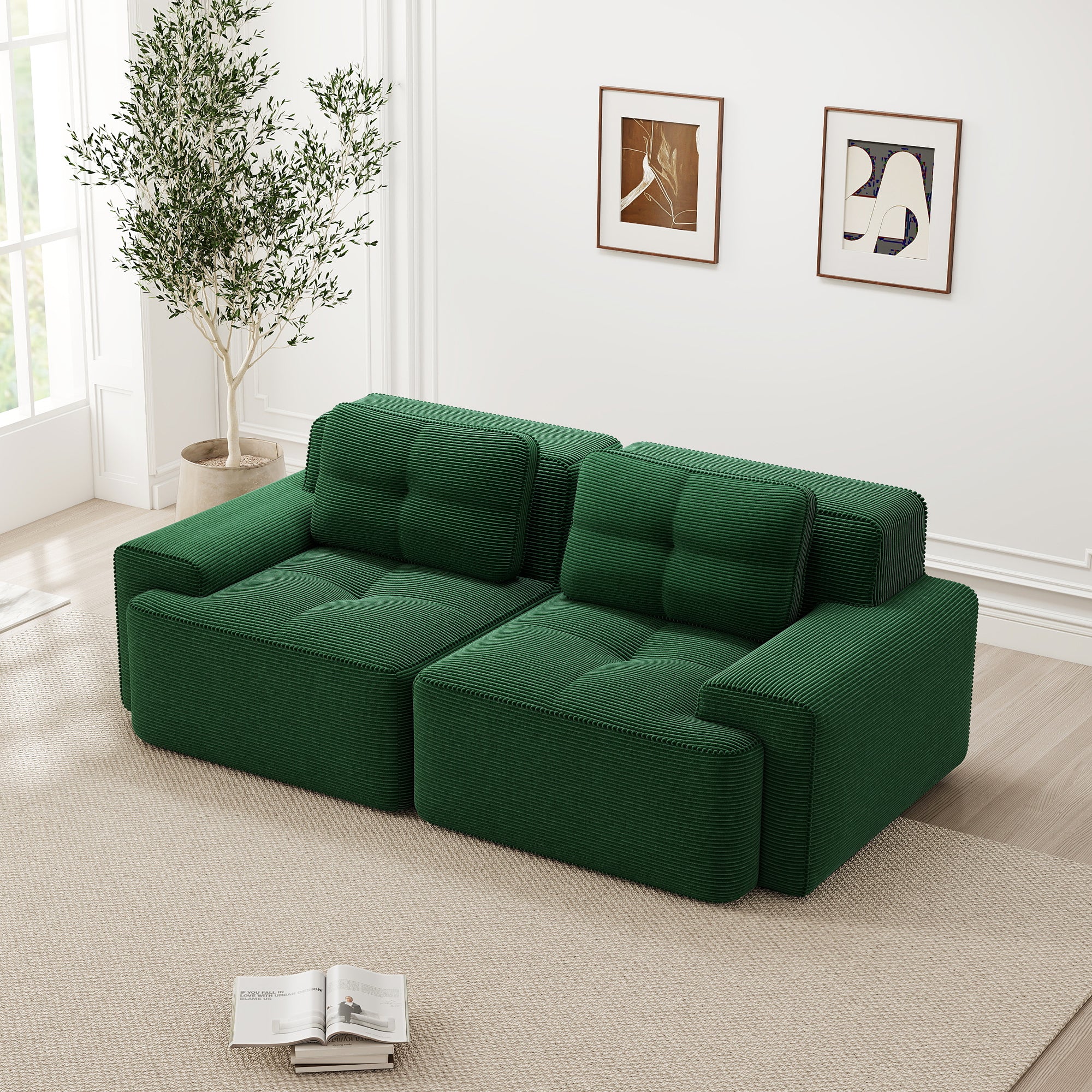 Boneless Modular Sofa Deep Seat Sleeper - Green Corduroy - Image 3