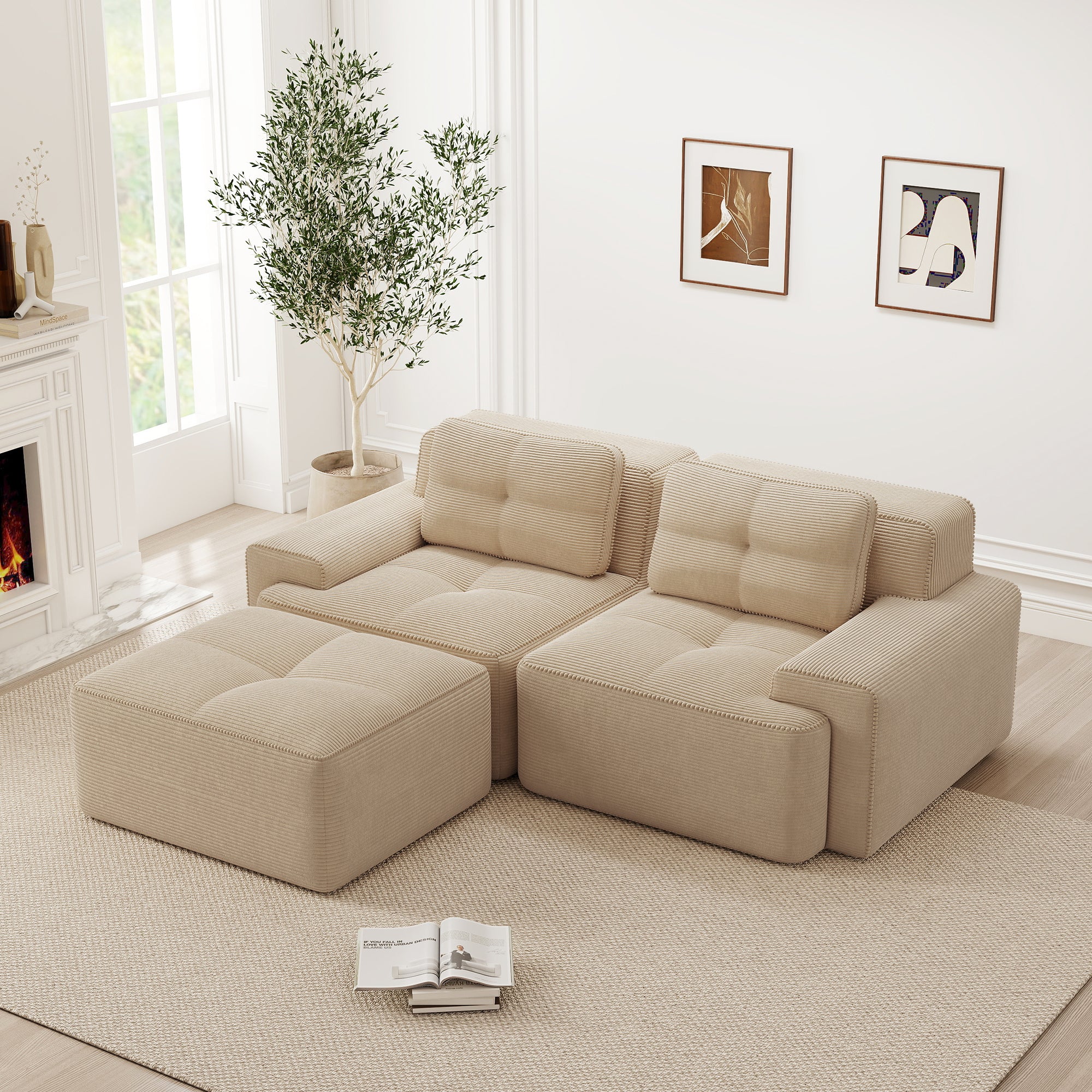 Boneless Modular Sofa L-Shape Deep Seat Sleeper with Ottoman Corduroy Beige - Image 3