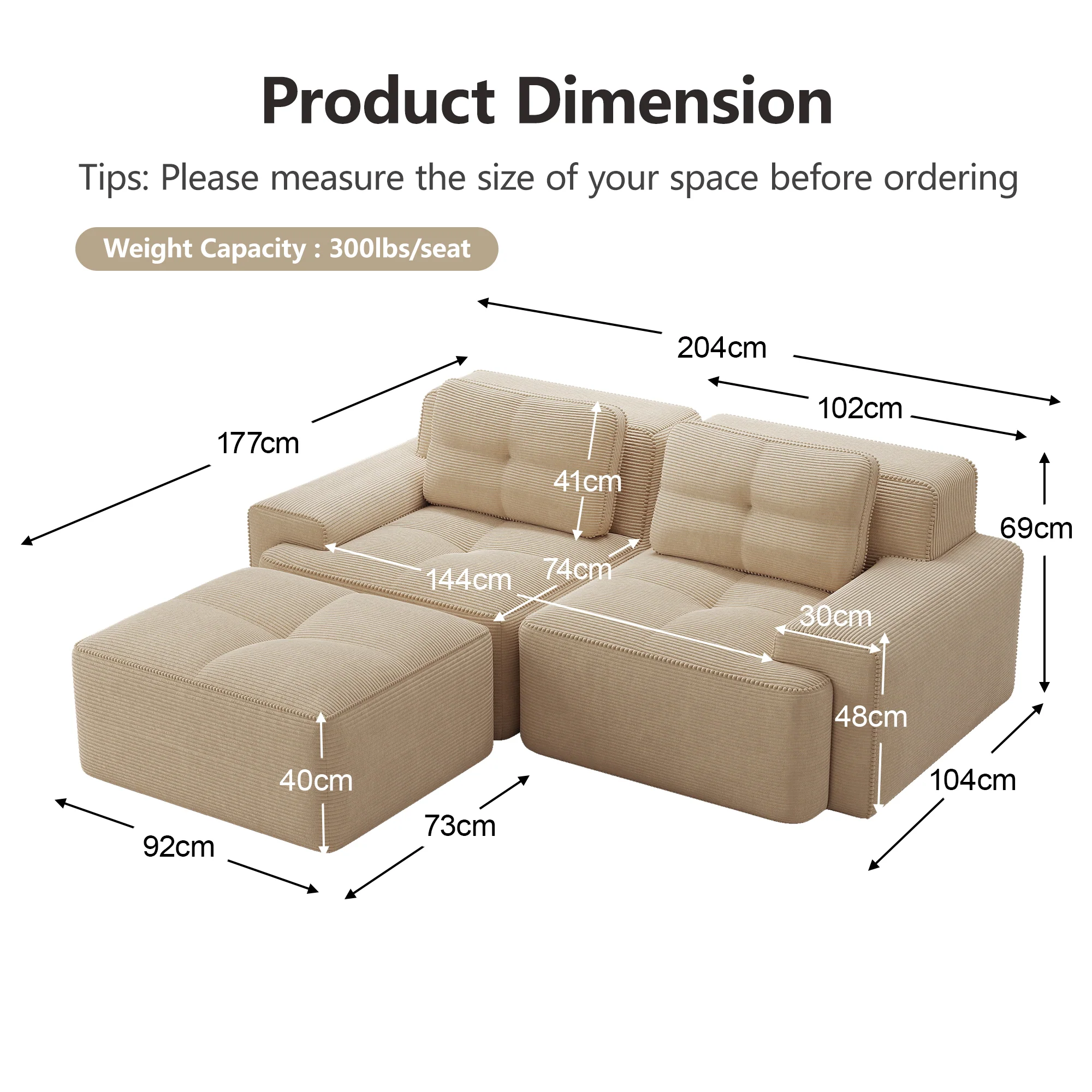 Boneless Modular Sofa L-Shape Deep Seat Sleeper with Ottoman Corduroy Beige - Image 7