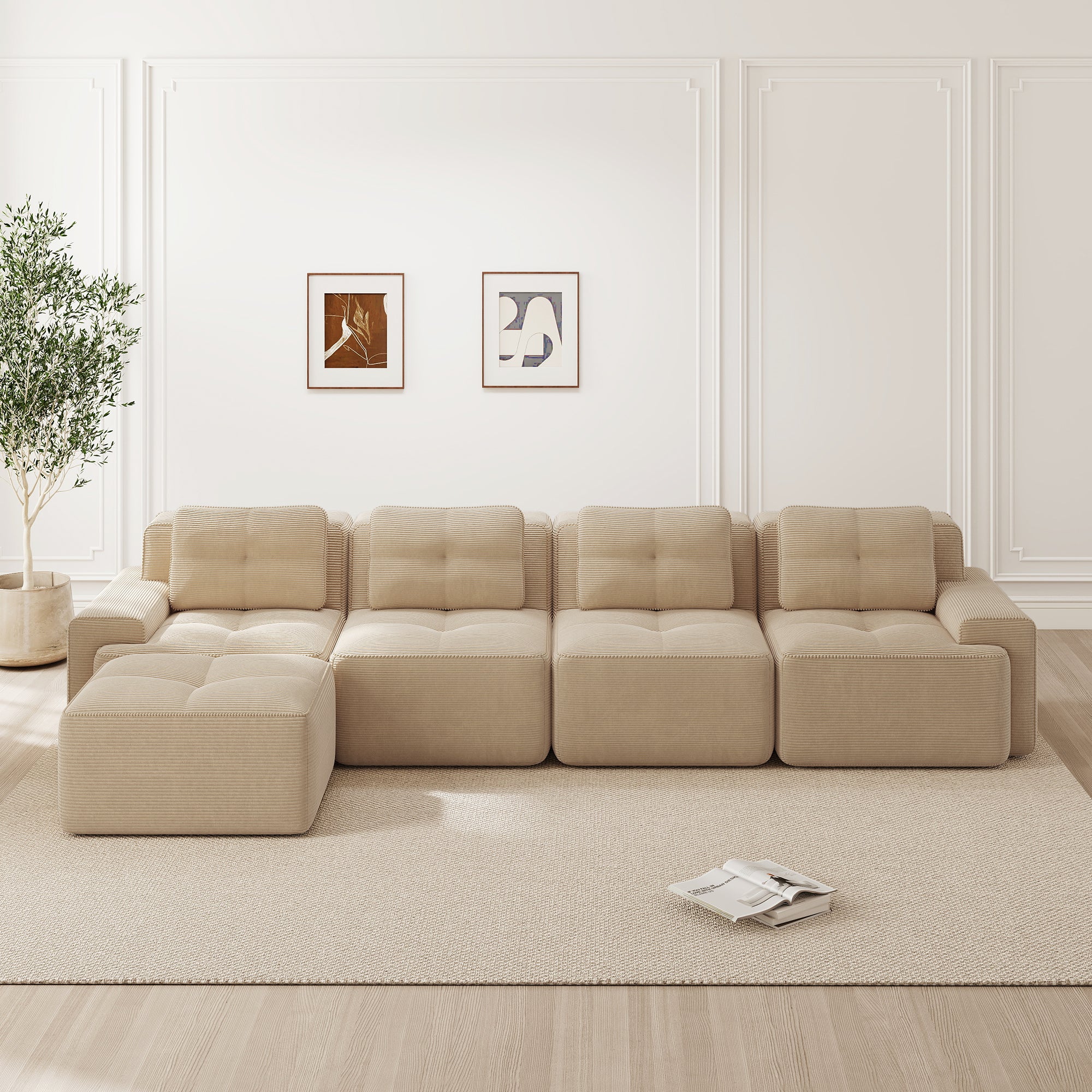 Boneless Modular Sofa L-Shaped Chaise 4-Seater Deep-Seat - Corduroy Beige - Image 2