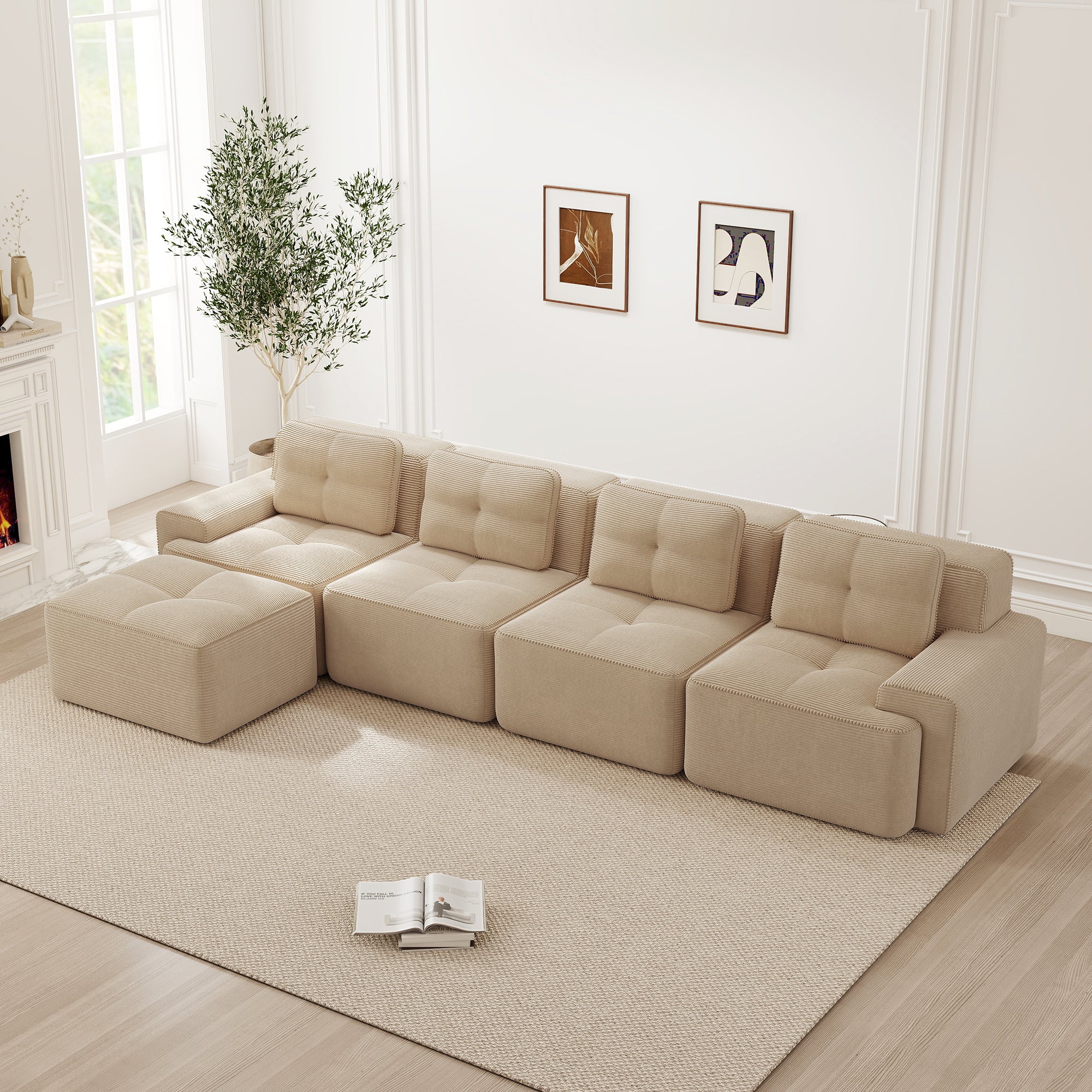 Boneless Modular Sofa L-Shaped Chaise 4-Seater Deep-Seat - Corduroy Beige - Image 3