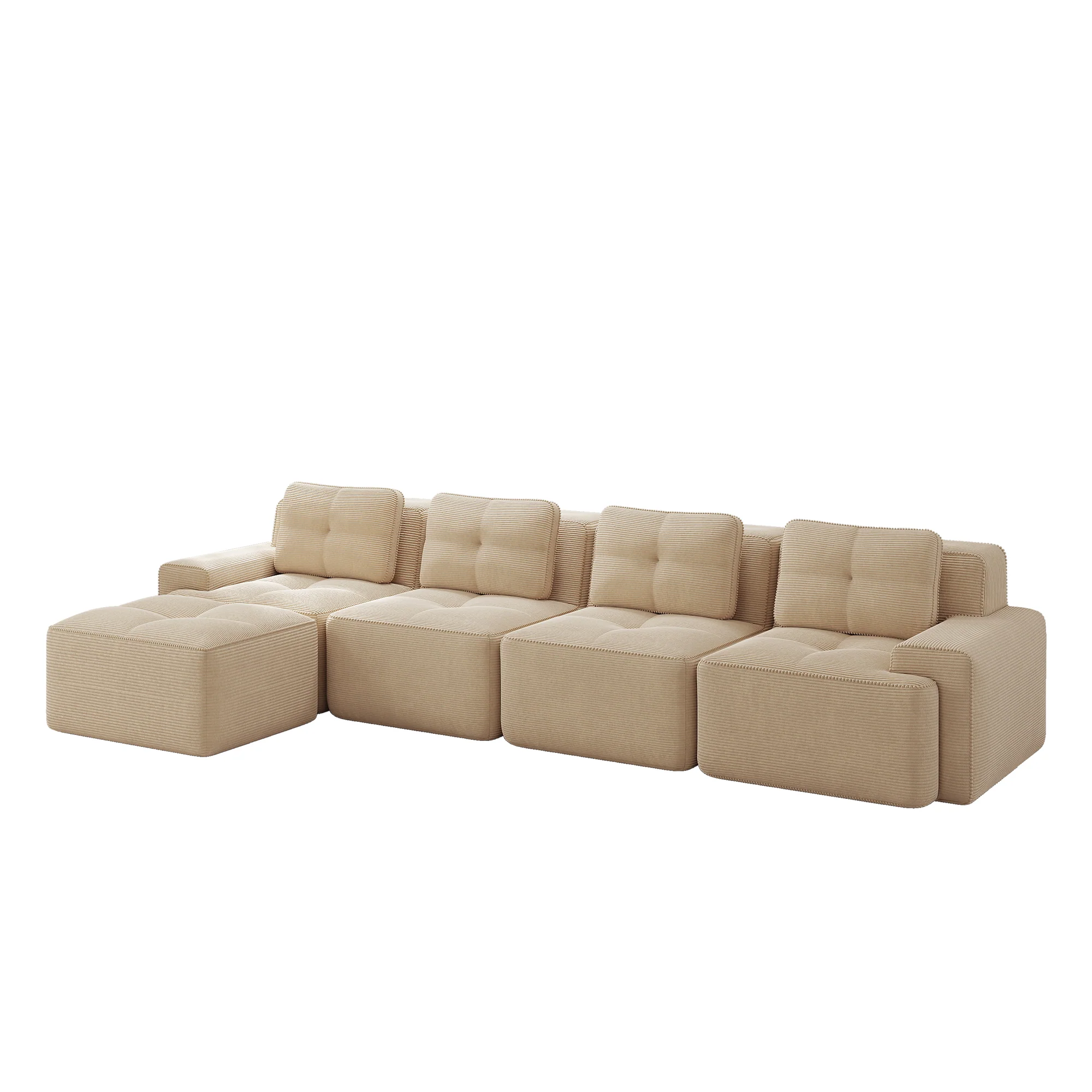 Boneless Modular Sofa L-Shaped Chaise 4-Seater Deep-Seat - Corduroy Beige - Image 4