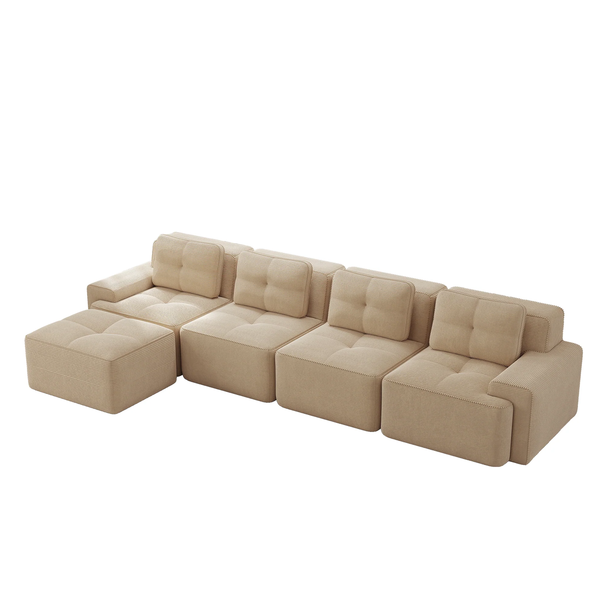 Boneless Modular Sofa L-Shaped Chaise 4-Seater Deep-Seat - Corduroy Beige - Image 5