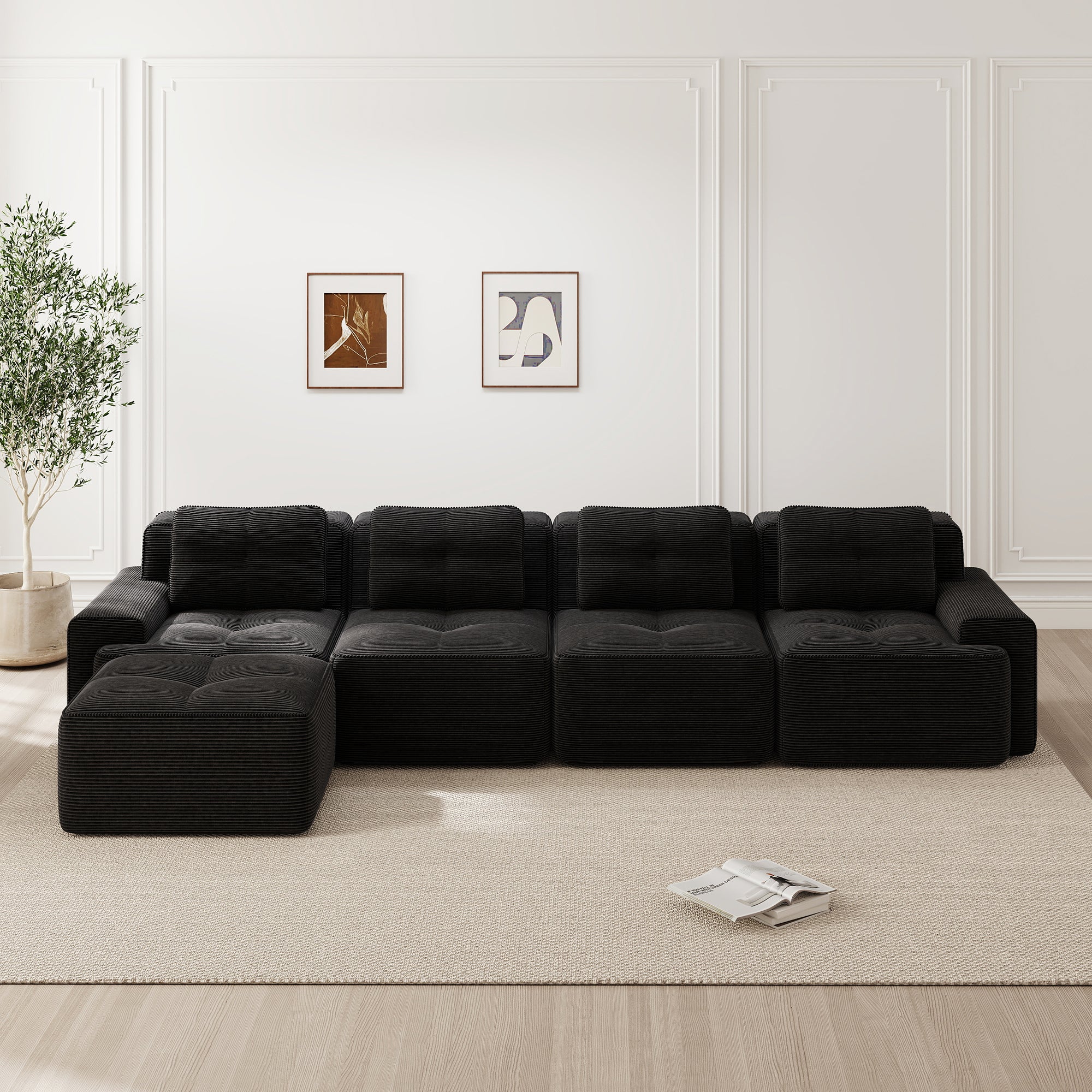Boneless Modular Sofa L-Shaped Chaise 4-Seater Deep-Seat - Corduroy Black - Image 2