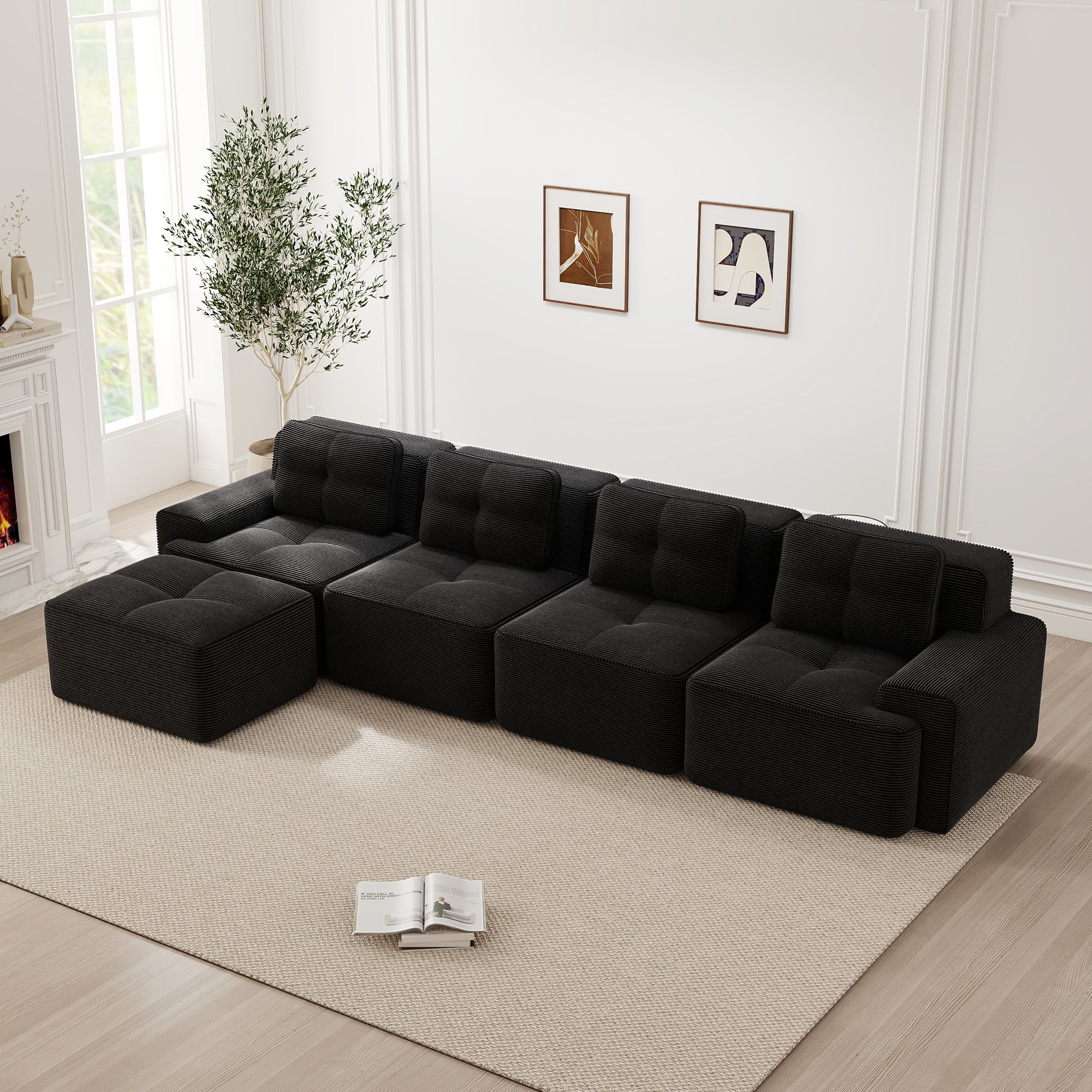 Boneless Modular Sofa L-Shaped Chaise 4-Seater Deep-Seat - Corduroy Black - Image 3