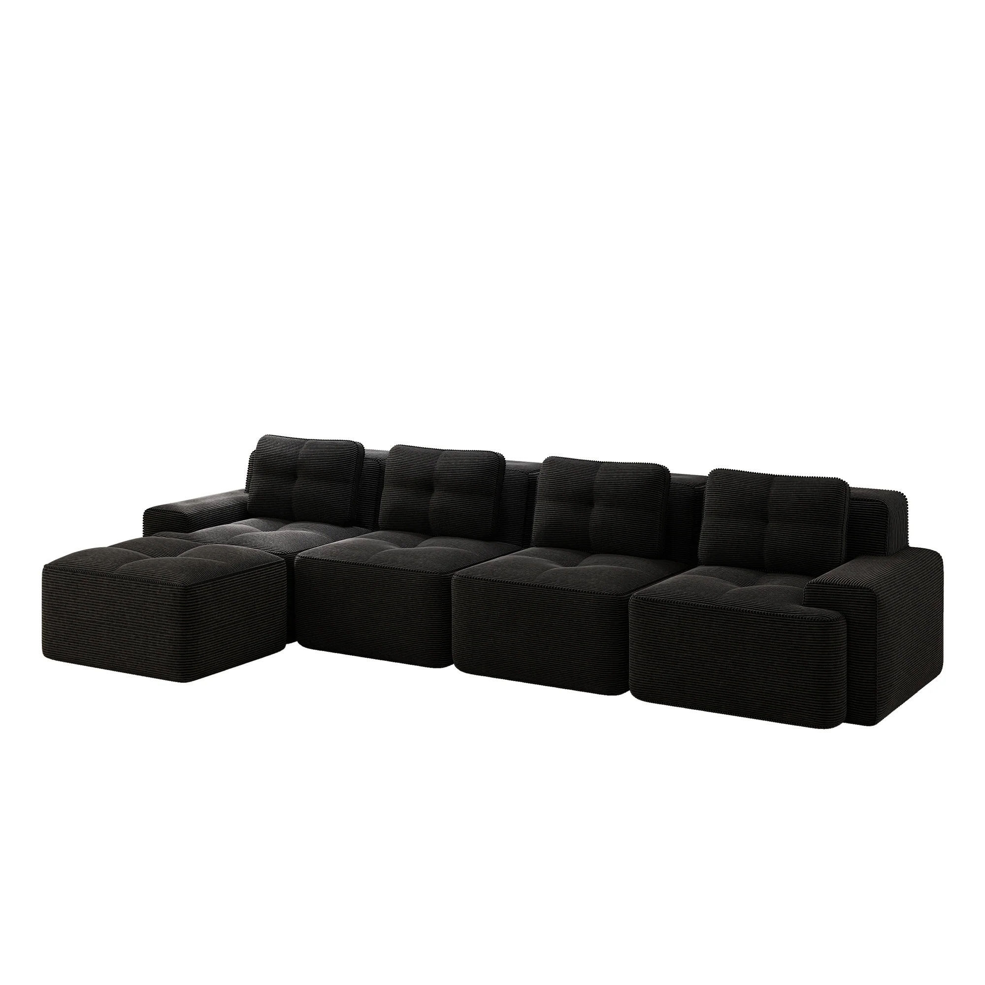 Boneless Modular Sofa L-Shaped Chaise 4-Seater Deep-Seat - Corduroy Black - Image 4