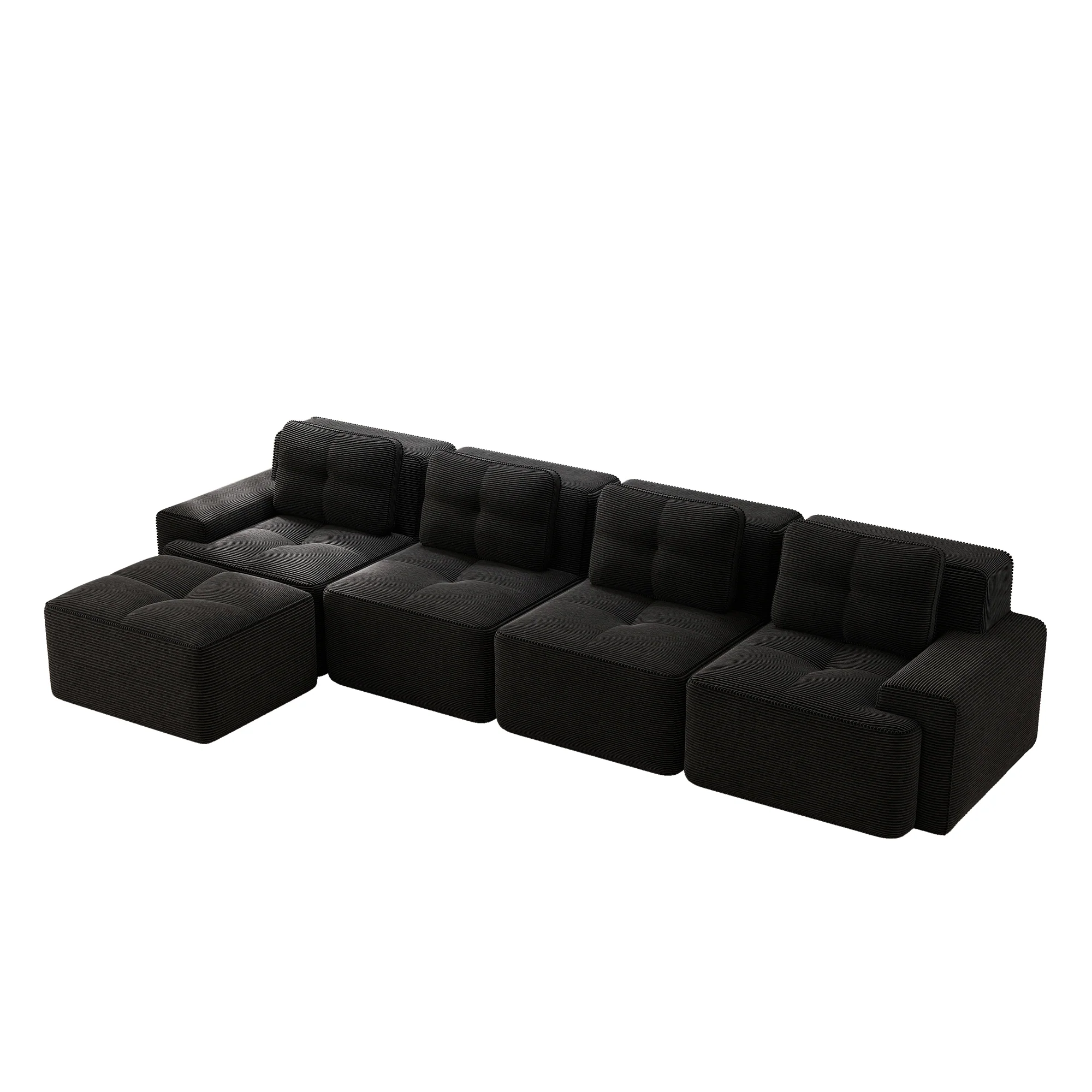 Boneless Modular Sofa L-Shaped Chaise 4-Seater Deep-Seat - Corduroy Black - Image 5