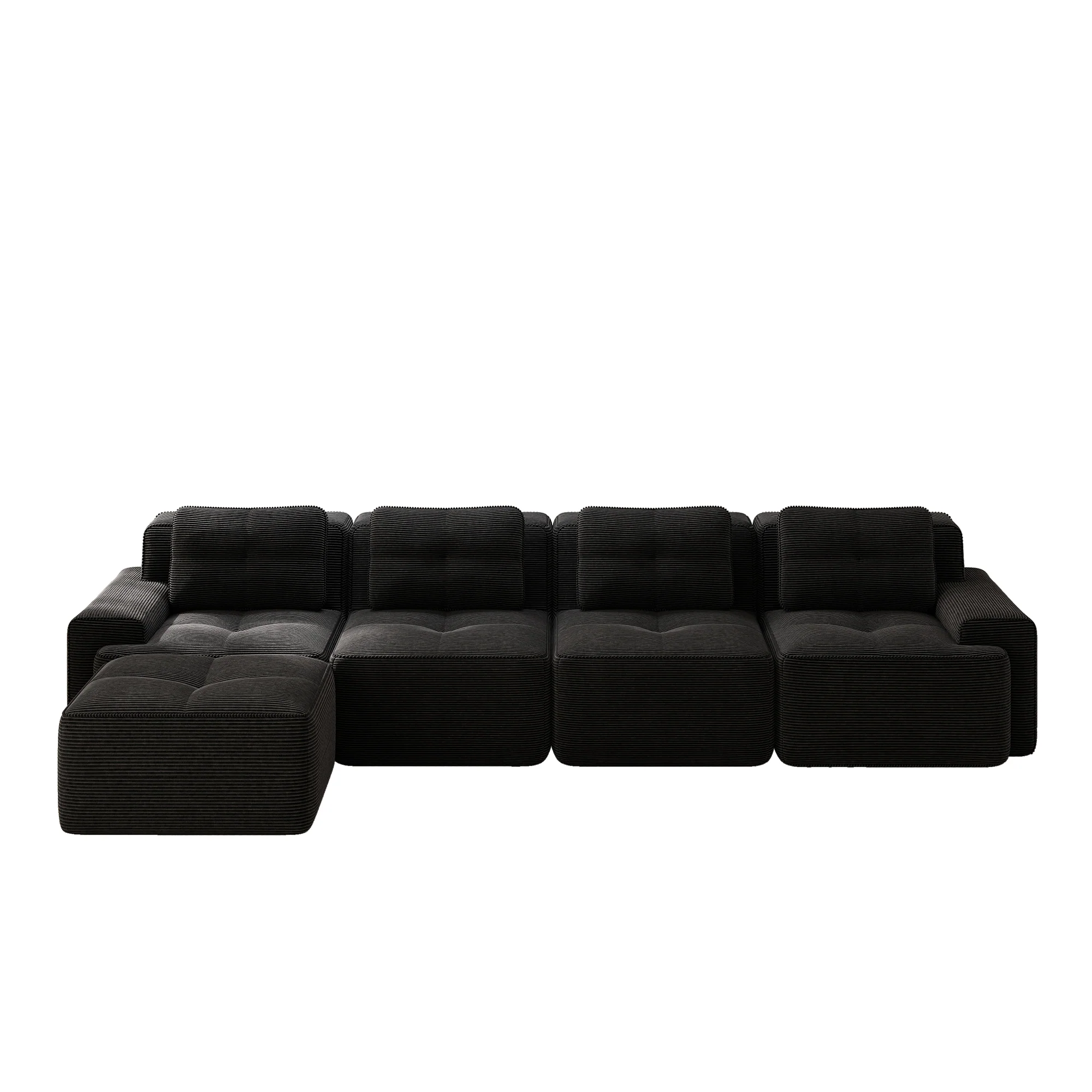 Boneless Modular Sofa L-Shaped Chaise 4-Seater Deep-Seat - Corduroy Black - Image 6