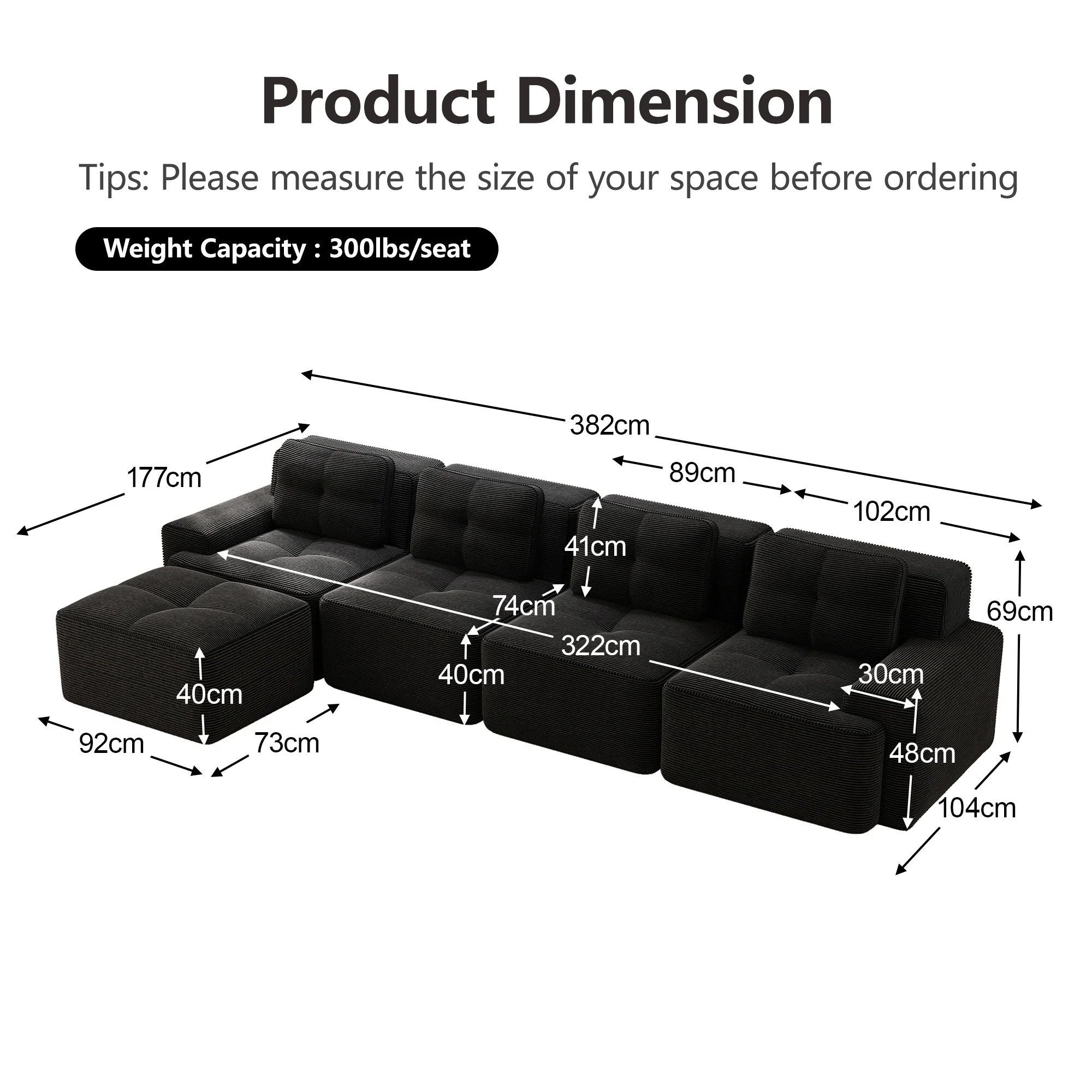 Boneless Modular Sofa L-Shaped Chaise 4-Seater Deep-Seat - Corduroy Black - Image 7