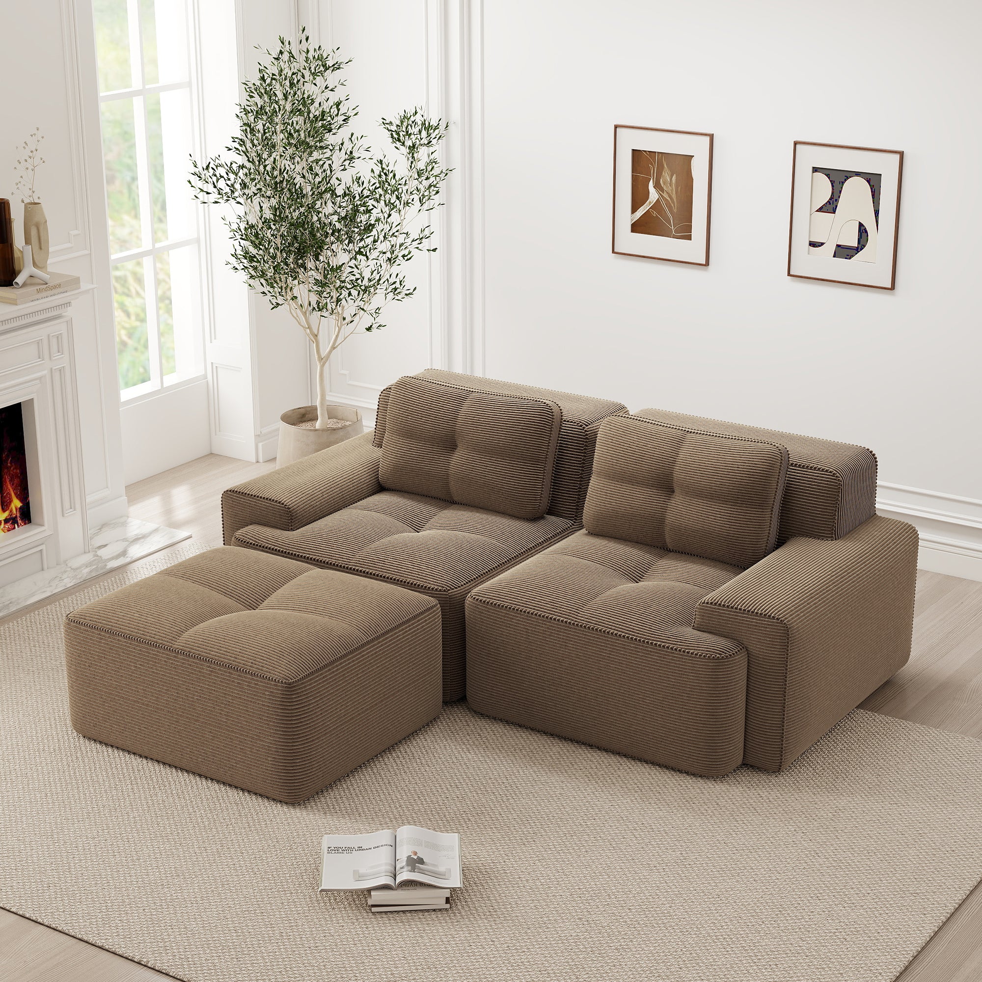 Boneless Modular Sofa L-Shaped Corduroy Sleeper with Ottoman - Brown - Image 3