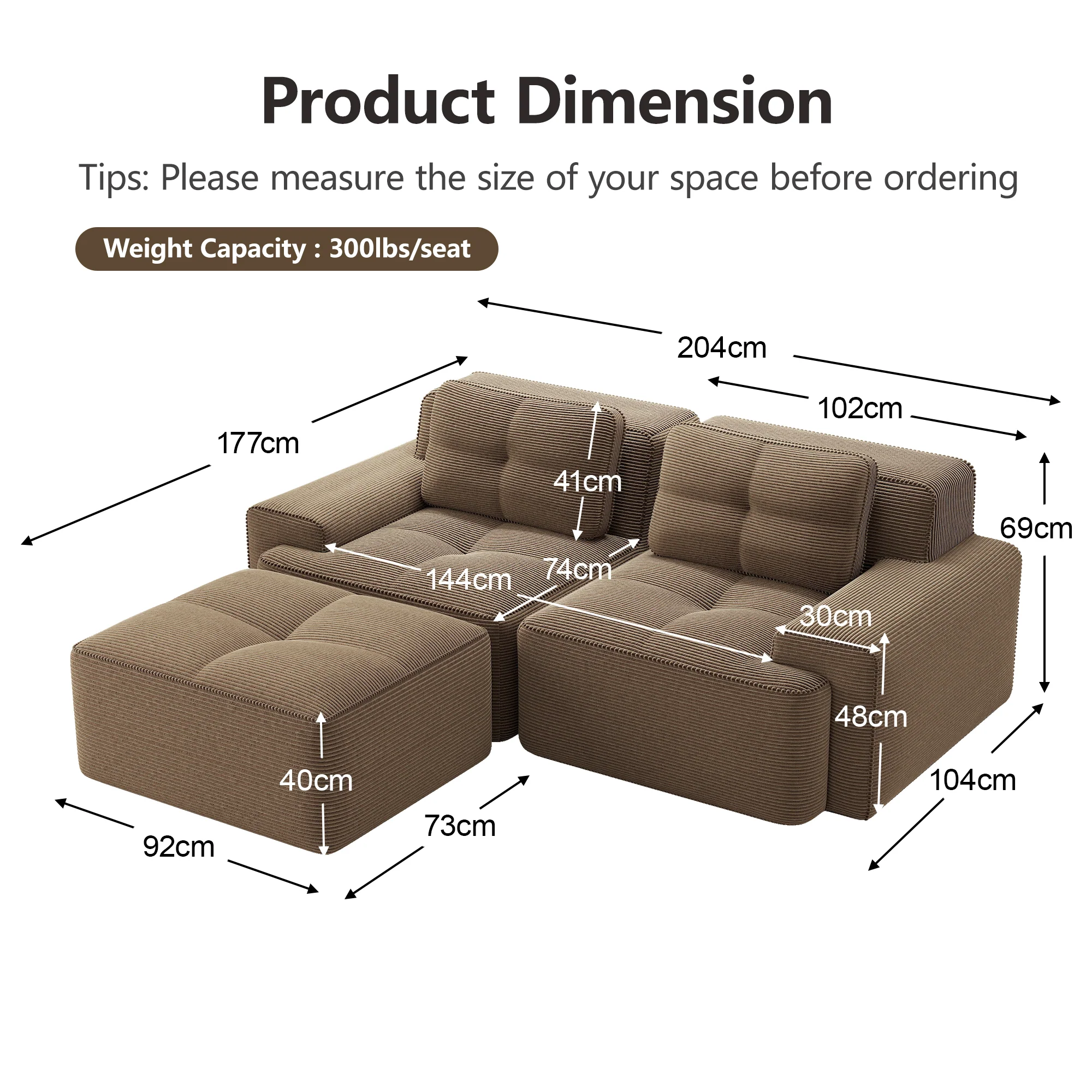 Boneless Modular Sofa L-Shaped Corduroy Sleeper with Ottoman - Brown - Image 7