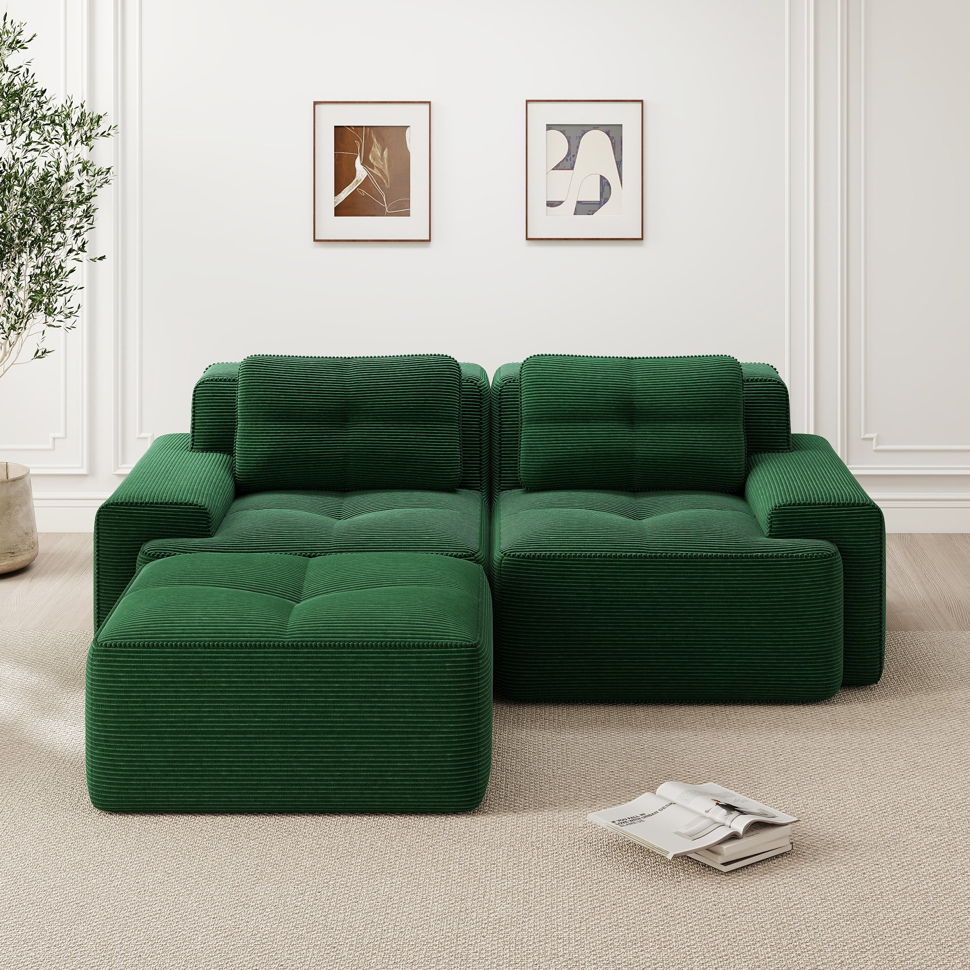 Boneless Modular Sofa L-Shaped Sleeper Ottoman Tufted - Corduroy Green - Image 2